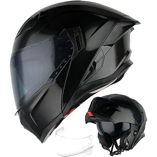 1Storm Motorcycle Street Bike Modular/Flip up Dual Visor Sun Shield Full Face Helmet + One Extra Clear Shield: KT928