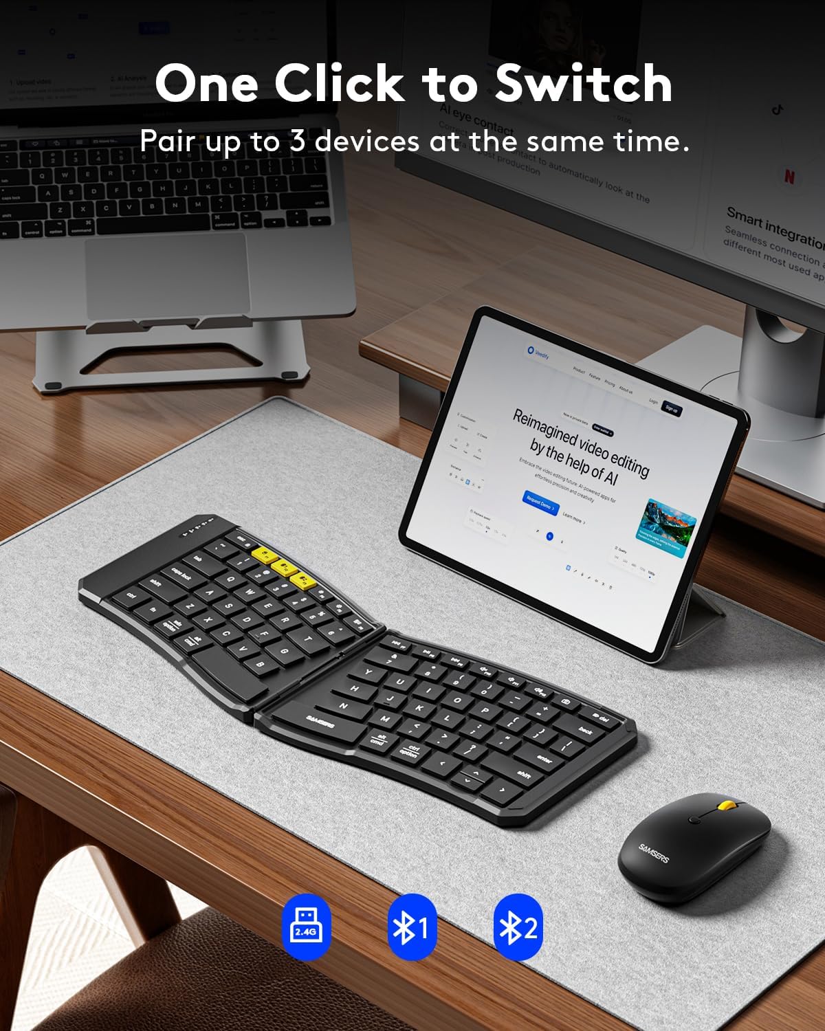 Ergonomic Foldable Keyboard and Mouse, Samsers KM09 Split Folding Bluetooth Keyboard Combo, 2.4G + BT5.0 x2, 6-Row Layout Portable Travel Keyboards & USB-C Wireless Mouse for iOS Android Windows MacOS