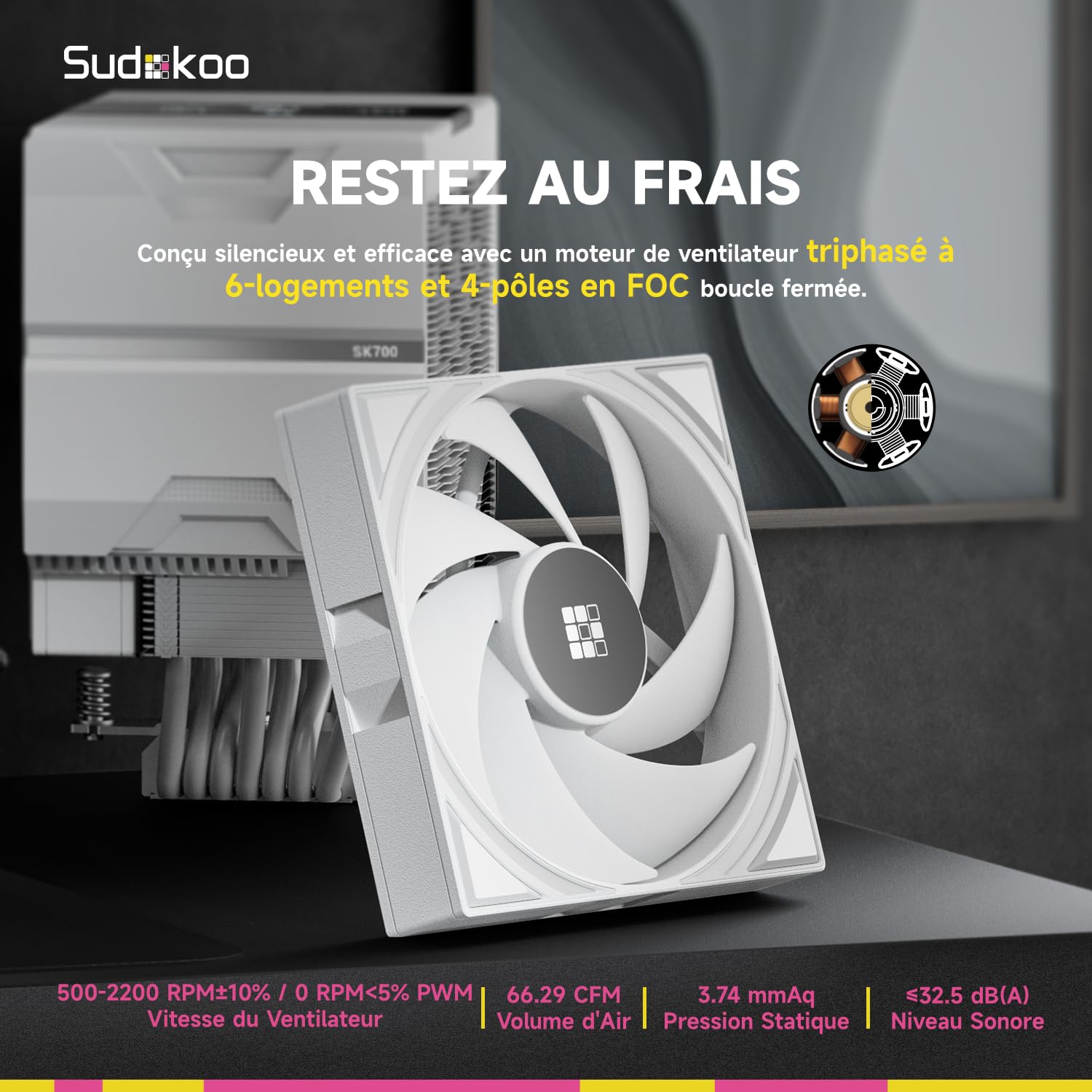 Sudokoo SK700 BLANC Ventirad AM5 Exclusif, 7 Caloducs Ventilateur de Processeur, Tour Unique, Ventilateur 120mm FDB PWM, Accès RAM Complet, Montage Facile, Garantie 5 Ans