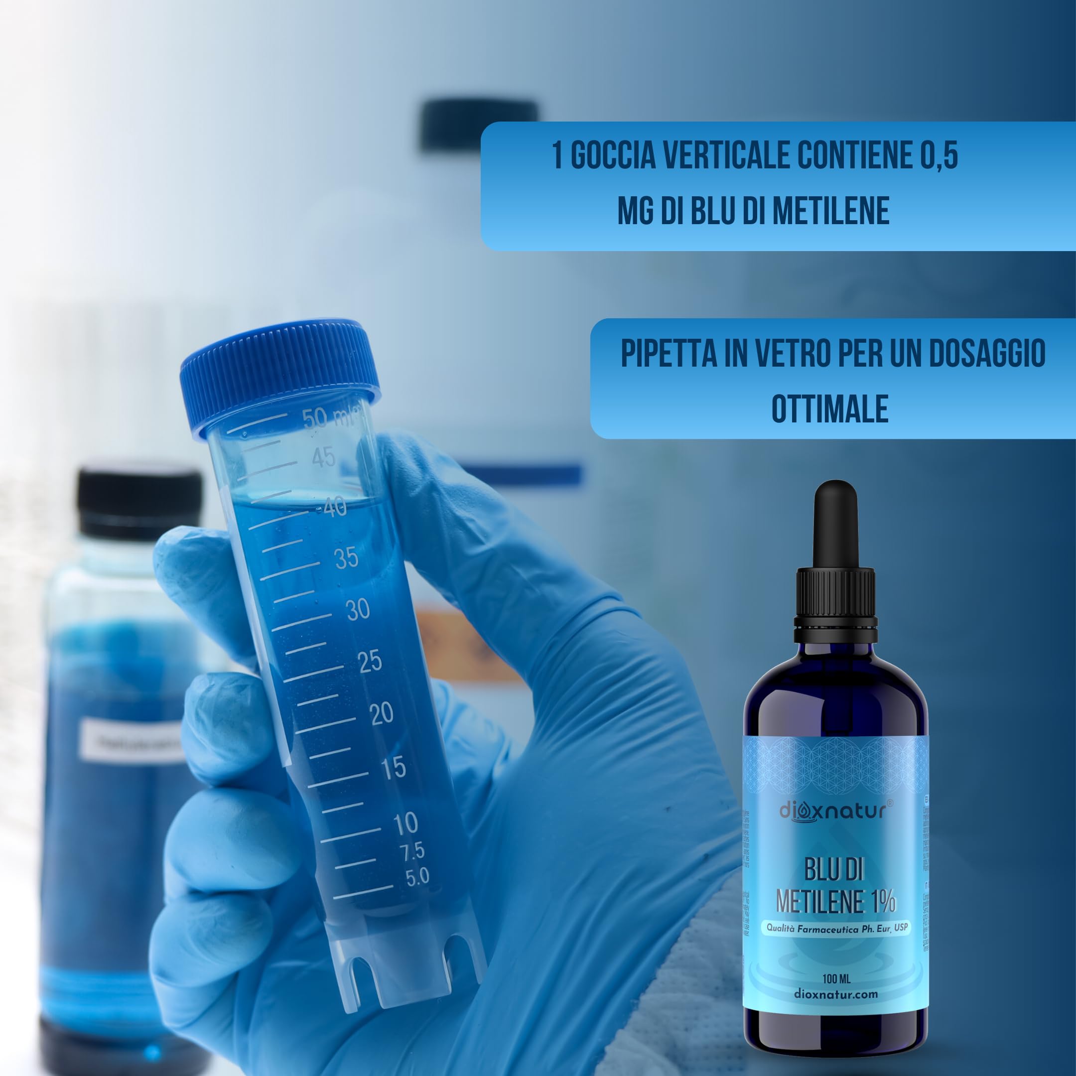 Blu di Metilene 1% USP 100 ml, Alta Purezza, Pipetta Integrata