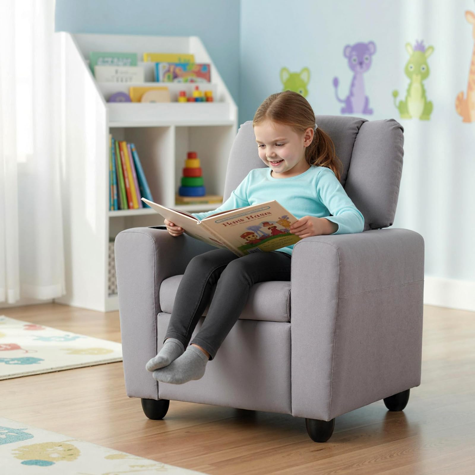 GOPLUS Fauteuil de Ralaxation Inclinable pour Enfant, Chaise de Détente Ergonomique avec Porte-gobelet, Dossier et Repose-Pieds Réglables, Surface en PU, Fauteuil Enfant 3+ Ans (Gris)