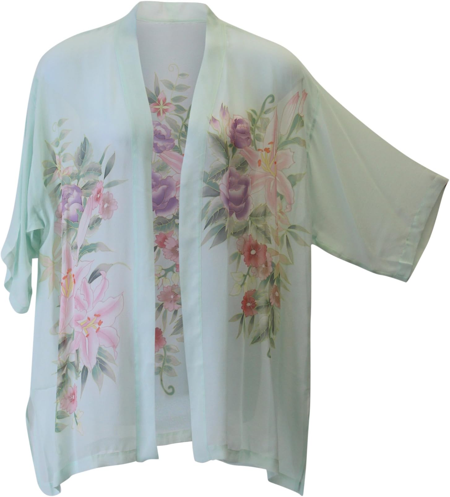 Women's Hand Painted Pastel Floral Silk Kimono Jacket Art to Wear One Size Plus