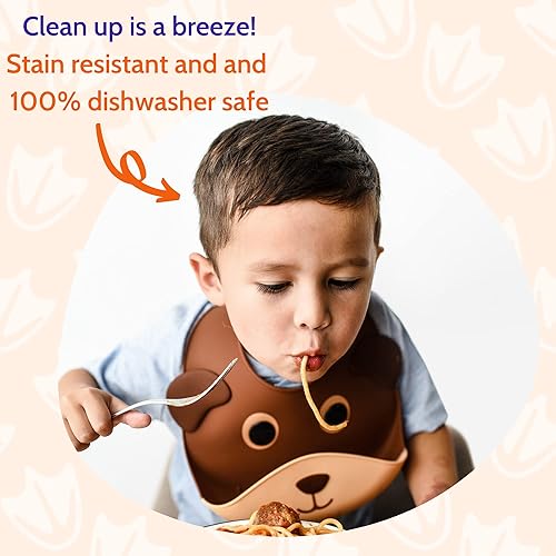 Miniatura 2 de Silly Goose Baberos de silicona de animales para bebés y niños pequeños, impermeables, ajustables, suaves, bolsillos extra anchos para atrapar 1