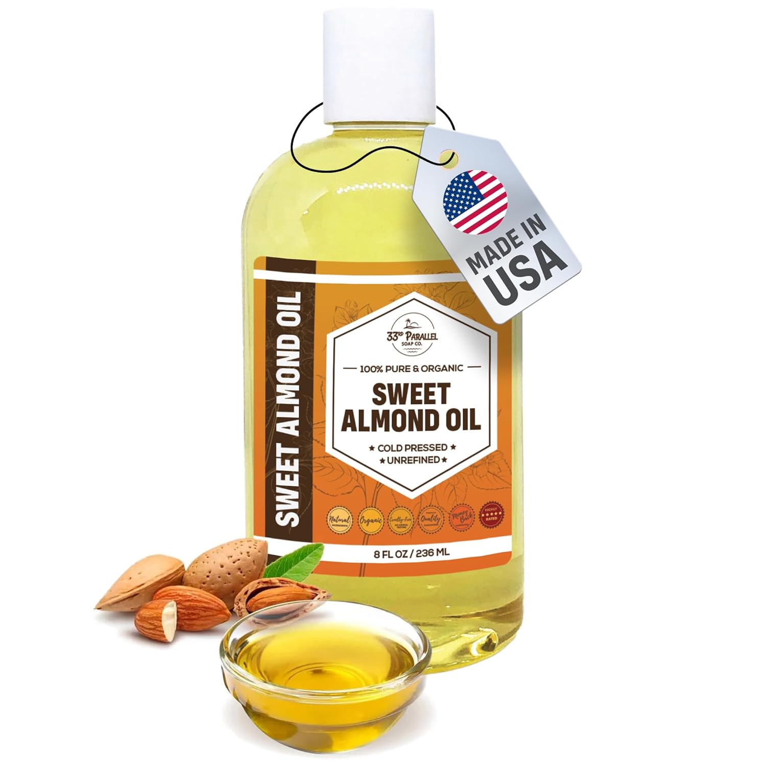 ORGANIC SWEET ALMOND OIL (8 oz) Premium Cold Pressed Unrefined | 100% Pure Sweet Almond Oil for Skin, Face, Hair, Soap Making | Carrier for Essential Oils | Available in Bulk
