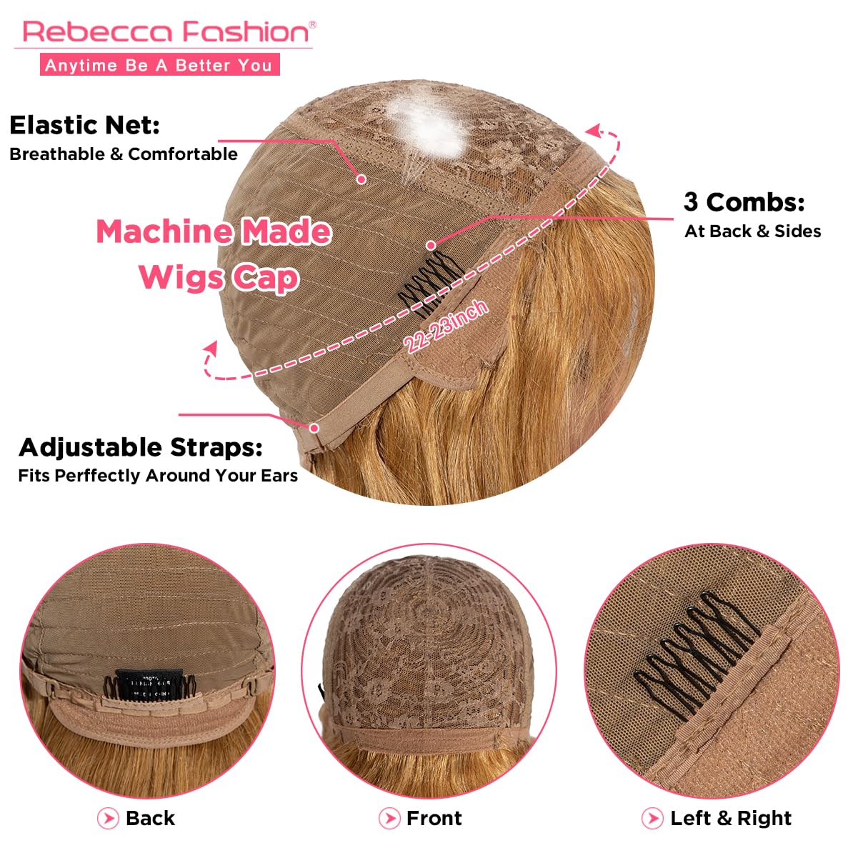 Rebecca Fashion 20 Inch Honey Blonde Straight Wigs with Bangs Human Hair Wigs for Black Women None Lace Front Wigs 10A Brazilian Virgin Hair Glueless Machine Made Wig - Image 4