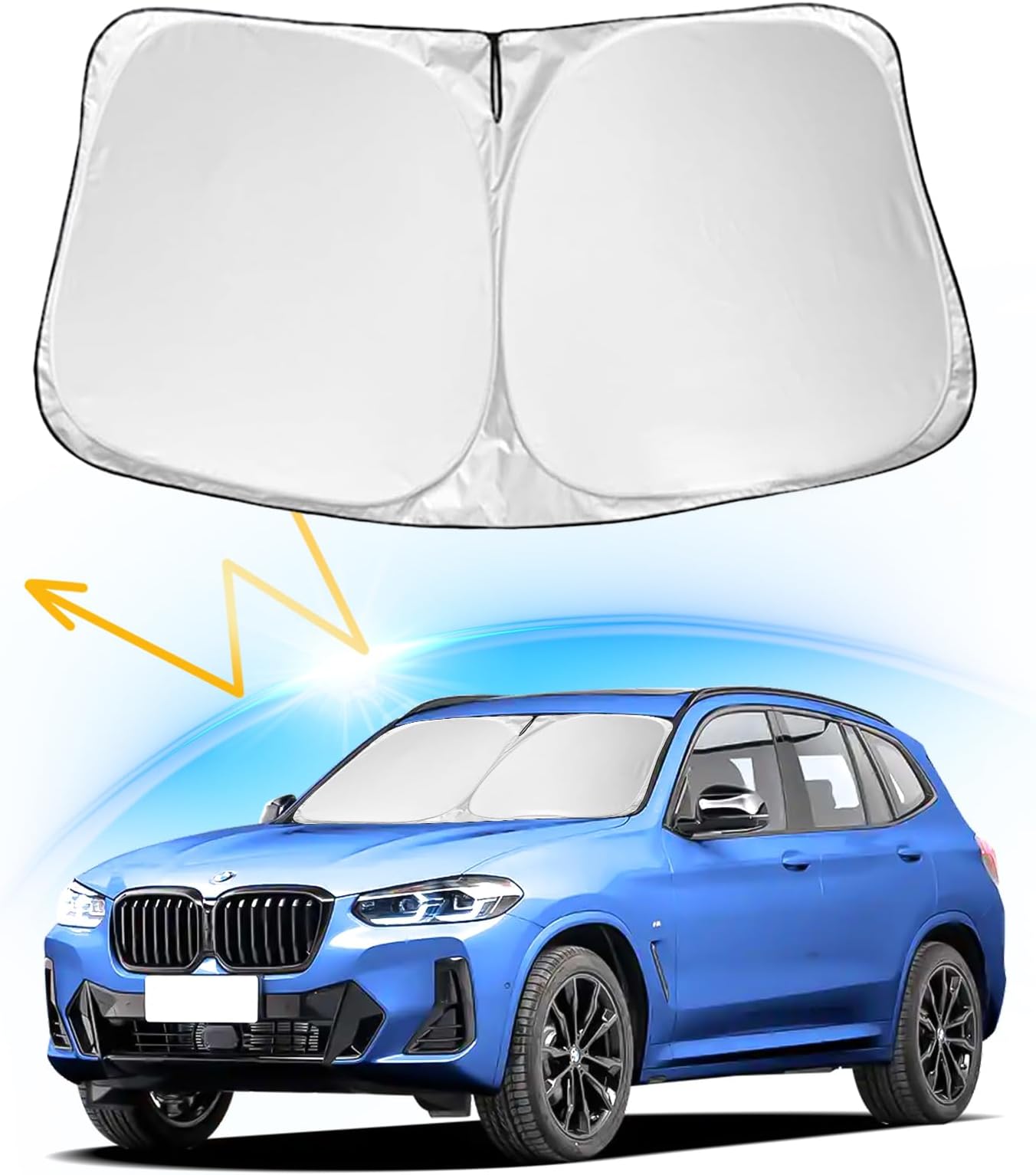 Windshield Sun Shade Compatible with BMW X3 X4 X5 X6 X7 5 6 7 8 Series, Foldable Front Windshield Sun Visor UV Ray Reflector Sunshade for BMW Keep Your Car Cooler