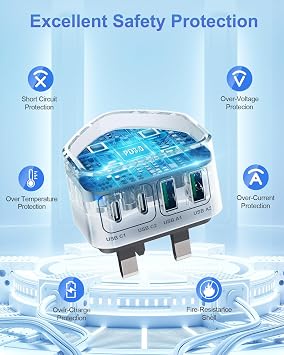USB C Plug Fast Charger Plug UK for iPhone 17 16 15 14 13 12 11 Pro Max Plus, iPad, Samsung, Huawei, Google, 40W 4-Port USB Wall Plug Fast Charge Multi USBC Charging PlugType C PD Power Adapter