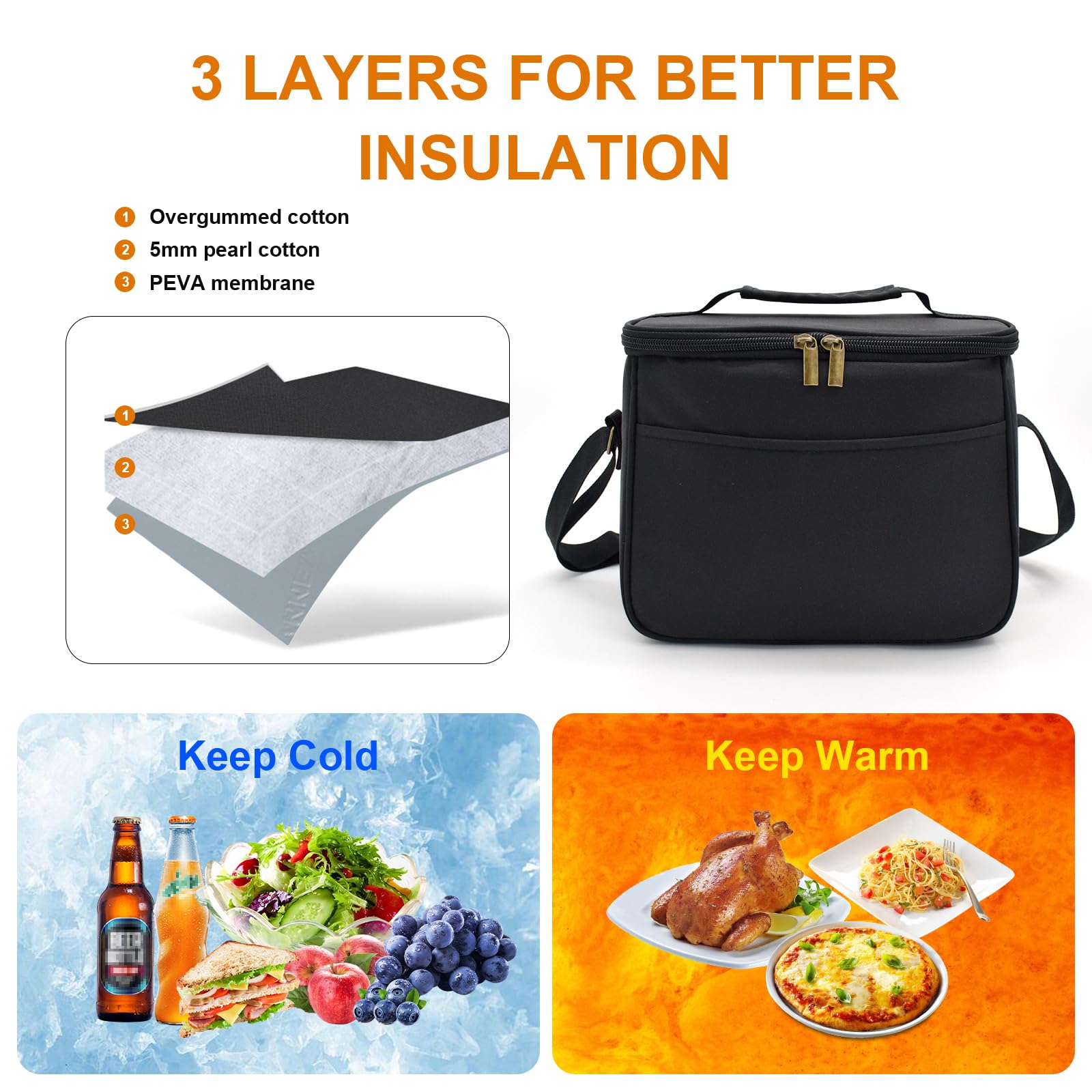 Nanxson Insulated Lunch Bag for Women Men Floral Cool Bag Lunch Box Waterproof Large Capacity Tote Bag for Picnics Work School (7.5L,B-Black) - Image 3
