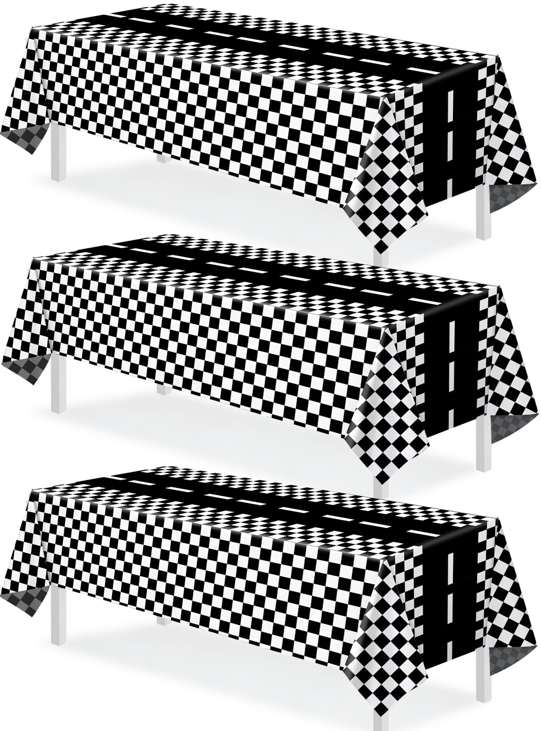 3 Packs Checkered Race Car Party Tablecloths Black and White Checkered Stripes Theme Party Touchdown Table Cover for Motor Racing Birthday Party Decorations Supplies Racing Party Favor, 54" x 108"