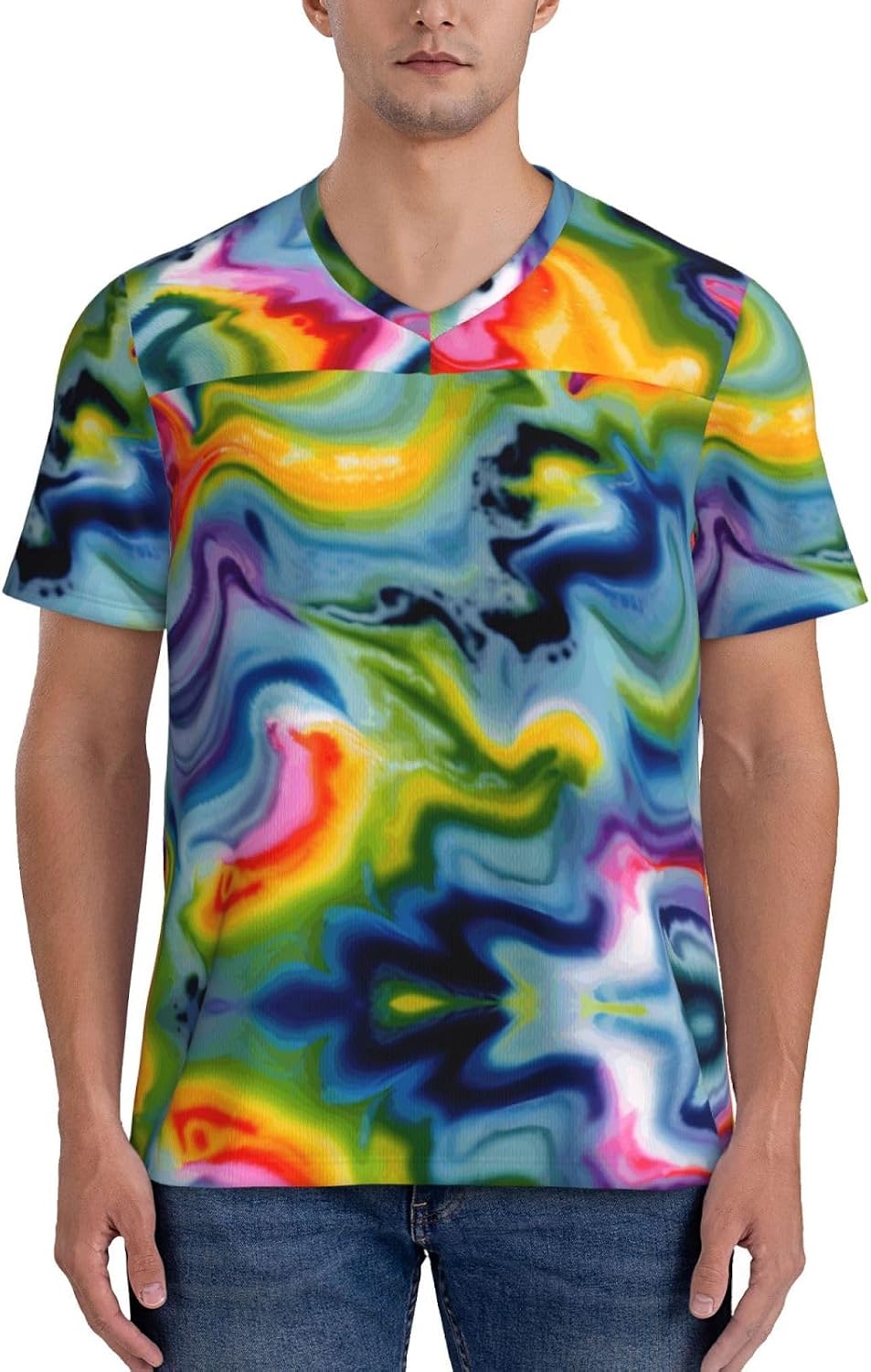 Tie Dye Rugby Football Jersey for Men, Comfortable V-Neck Loose Fit Top for Team Sports Athletics