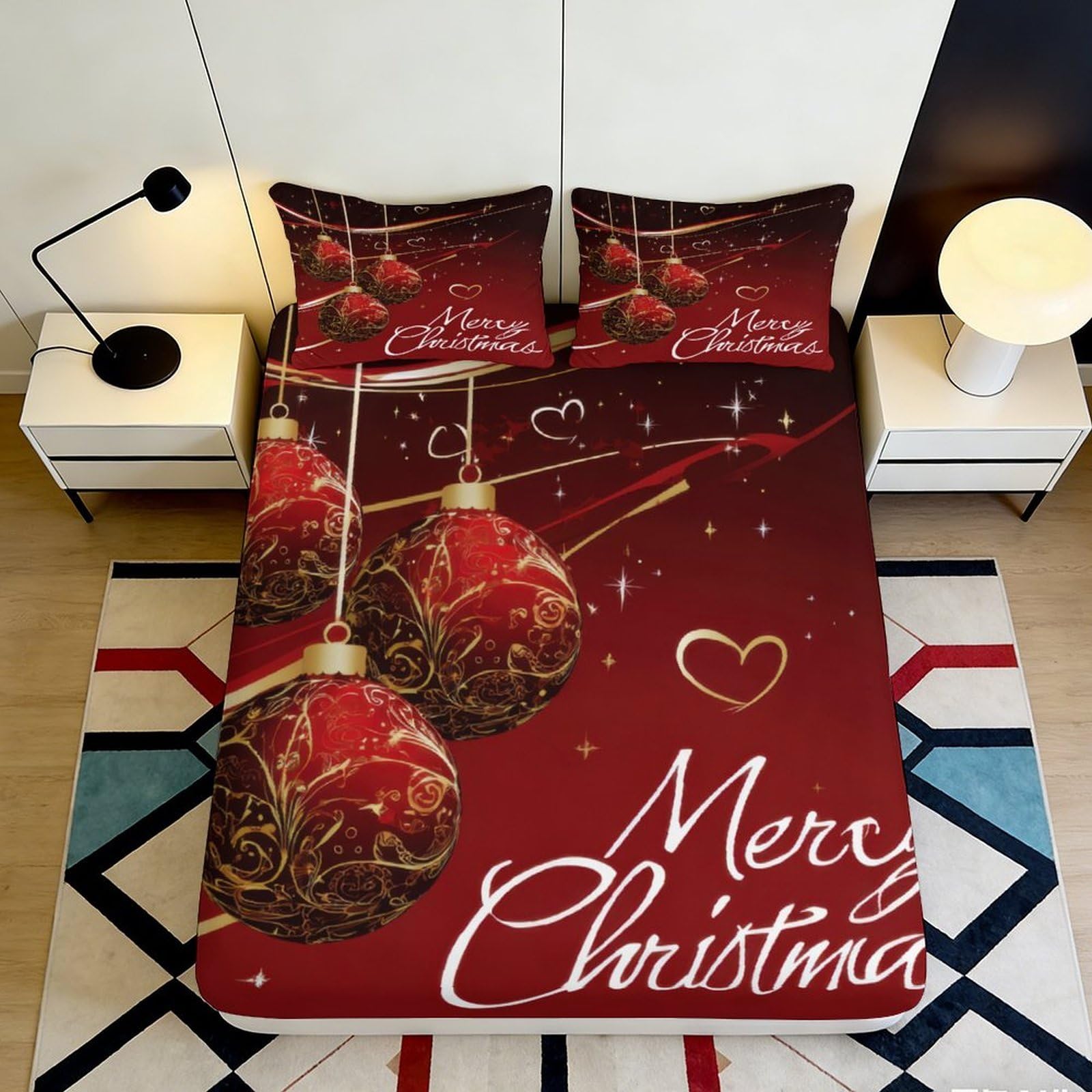 3D Printed Christmas Baubles Fitted Sheet Microfiber Deep Pocket Non-Slip Xmas Theme Mattress Fitted Cover 120x200x25cm