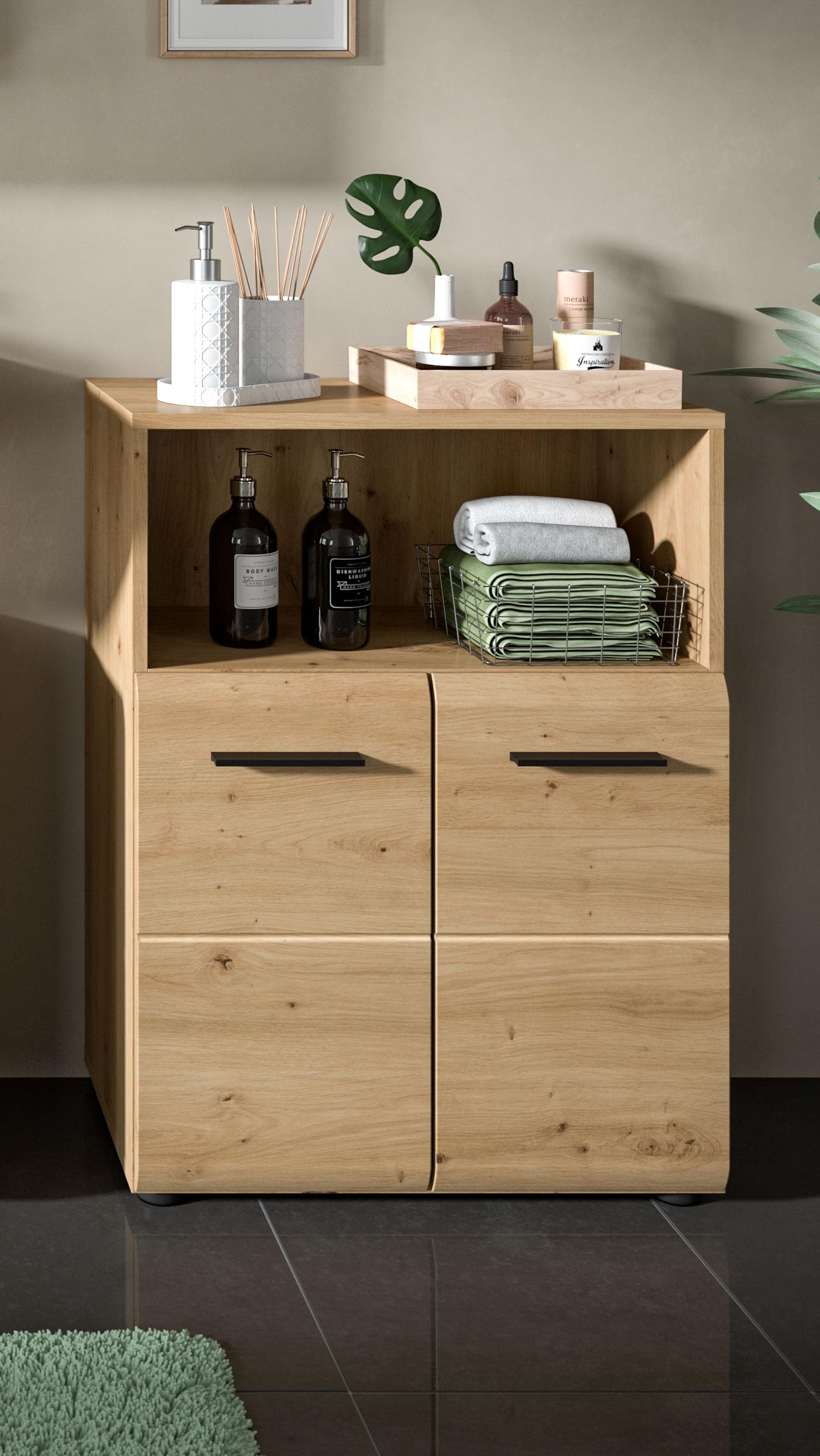 xonox.home – Standschrank breit Ice 60x80x30 cm in Korpus und Front Artisan Oak Nachbildung – Eleganter Badschrank Schrank in Holzoptik – großzügiger Stauraum – Bild 6