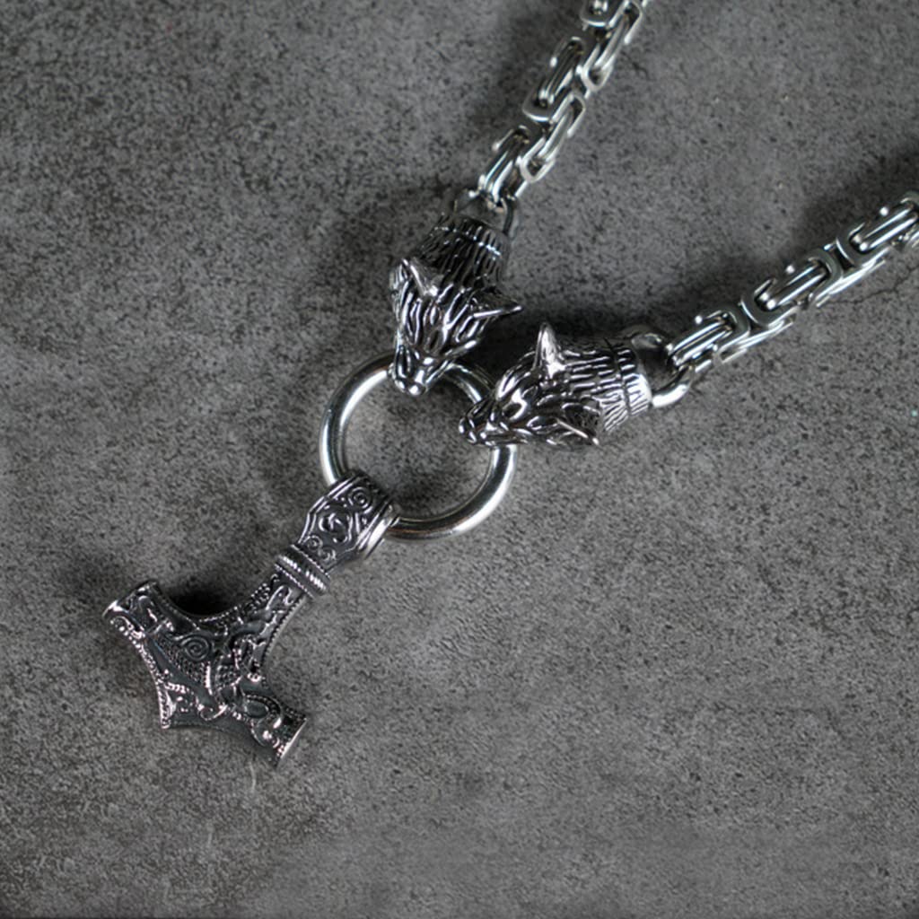 Nordische Wikinger-Halskette Odin Thors Hammer Wolfskopf Talisman-Anhänger-Halskette Wikinger-Amulett-Anhänger-Halskette Nordischer Wikinger-Schmuck für Männer mit Geschenkbox,Silber