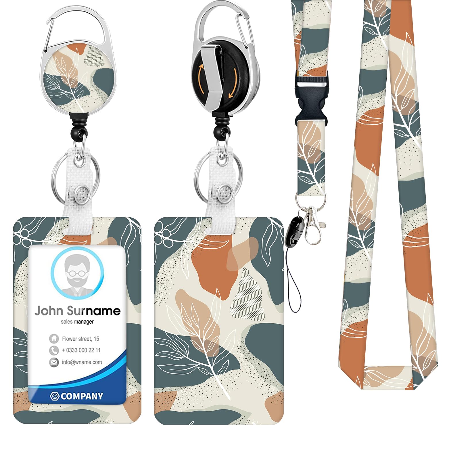 BUDUOZHI Lanyard with ID Holder Art Leaves Badge Holder with Retractable Reel Clip Badge Reel Heavy Duty with Carabiner Clip Card Name Tag Lanyard Vertical ID Card Protector Case for Nurse Teacher — image 1