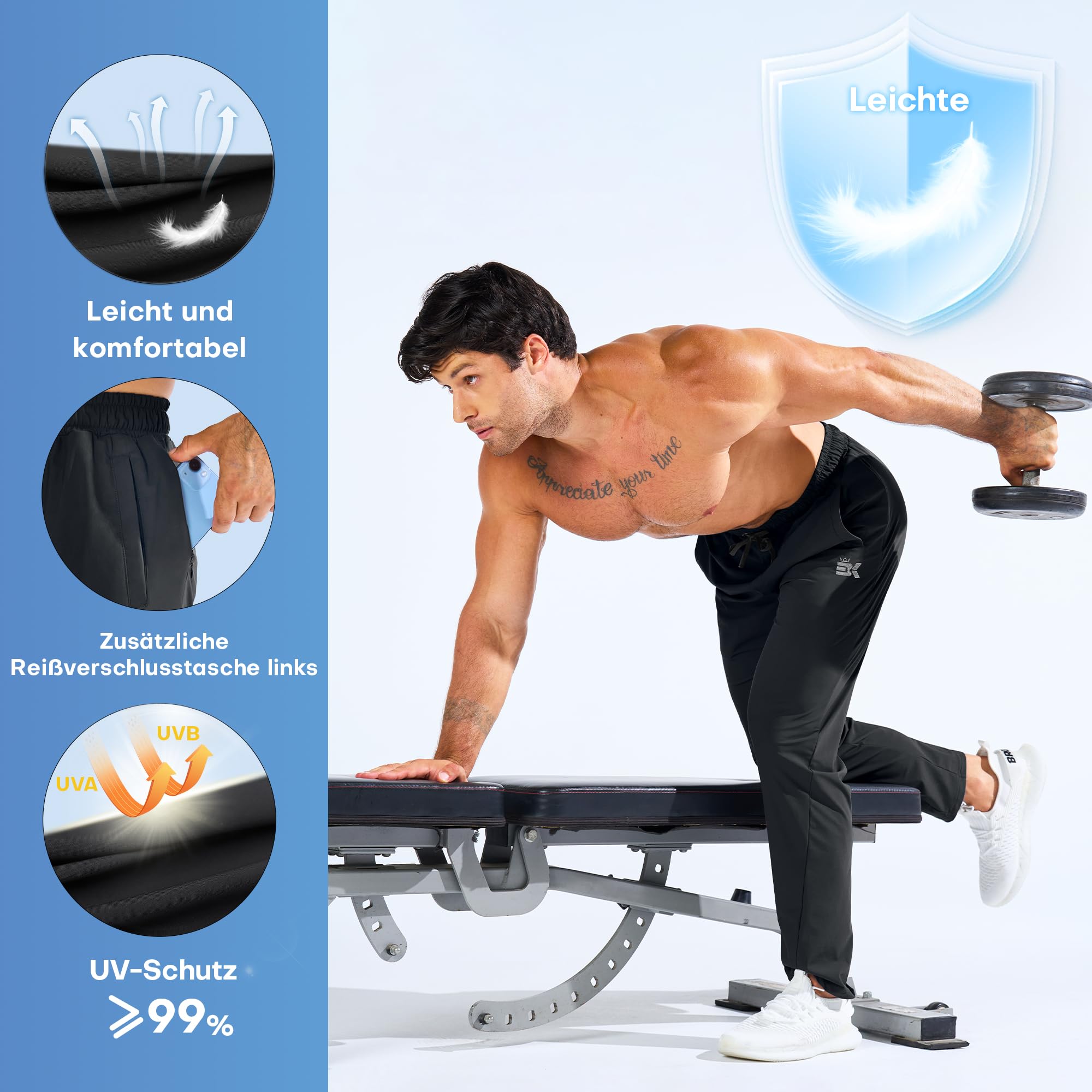 BROKIG Leichte Sporthose Herren Lang Gym Jogginghose Sweatpants | Schnelltrocknende Laufhose Herren Lang, UPF 50+ Sweathose Herren, Gym Sport Trainingshose mit Reißverschlusstasche