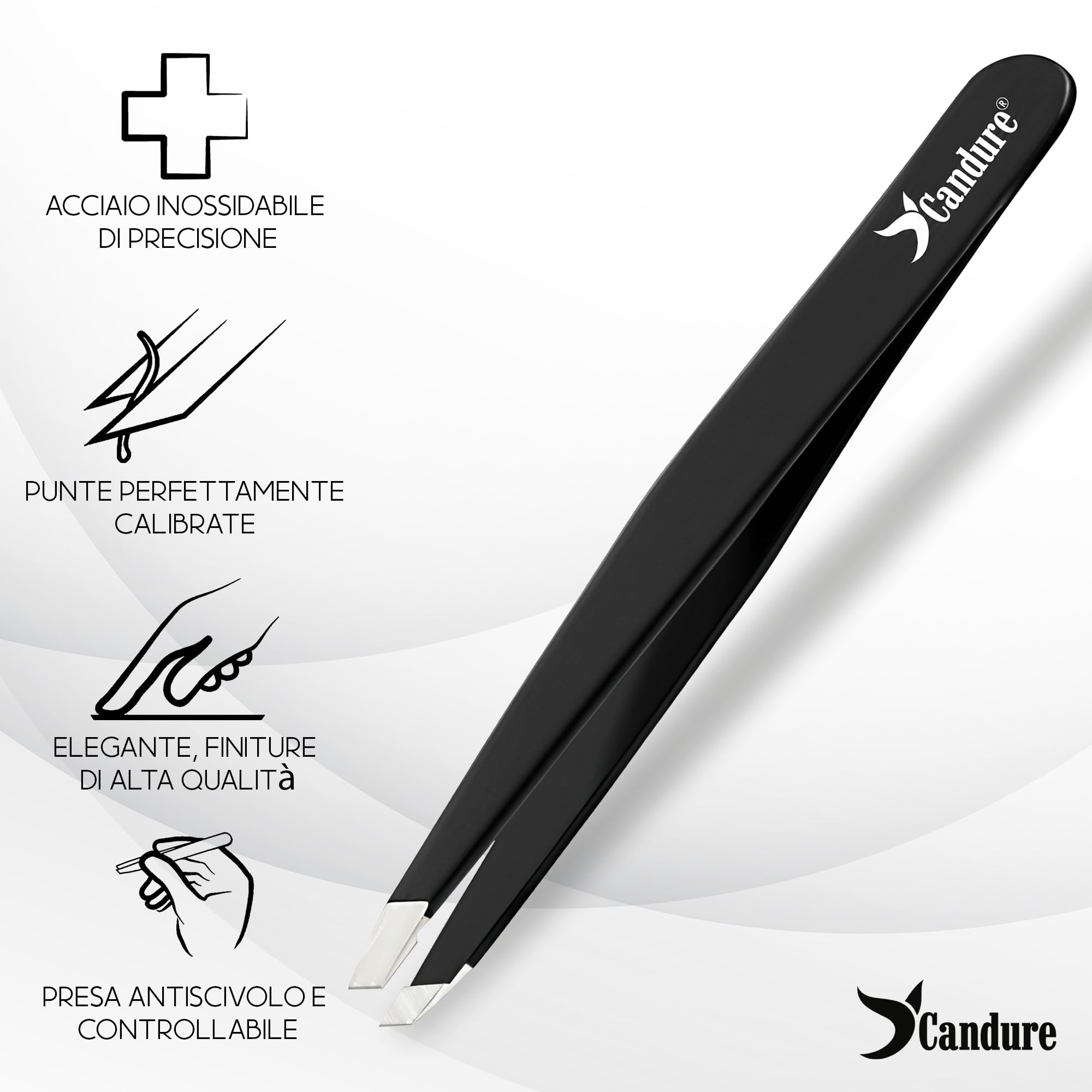 Candure Pinzette Sopracciglia Professionale Acciaio Inox Pinza Peli Incarniti Precisione Pinzetta per Tirare Antiscivolo Punta Obliqua Pinze per Uomini e Donne (Nero-1 Pezzo) - 2