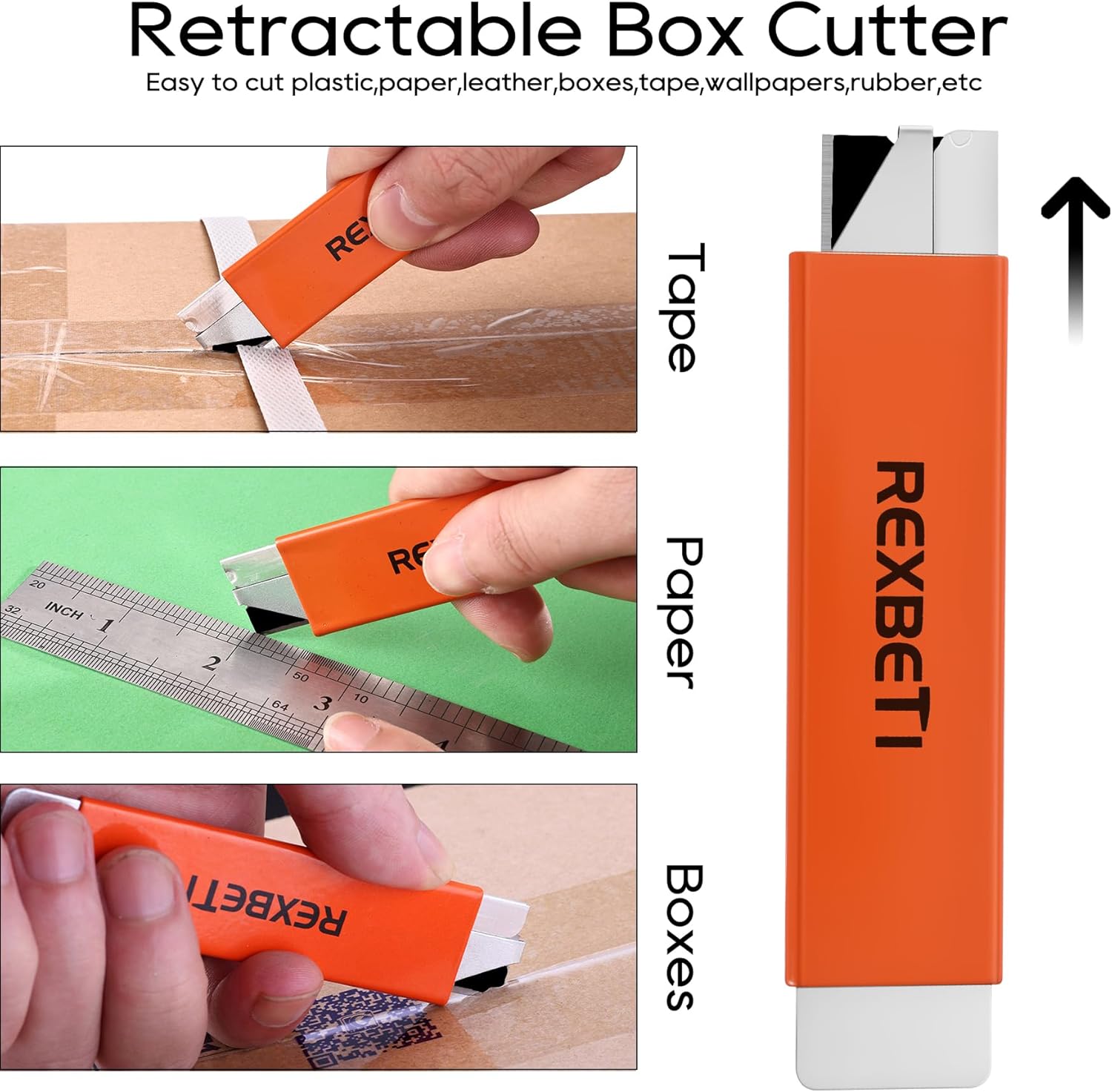 REXBETI Box Cutter, 48-Pack Retractable Cardboard Cutter, Mini Handy Box Opener for Packages, Boxes, All Metal Tough Sheath, Functional Basic Cutter with Case, Antirust Blackened Blade Utility Knives