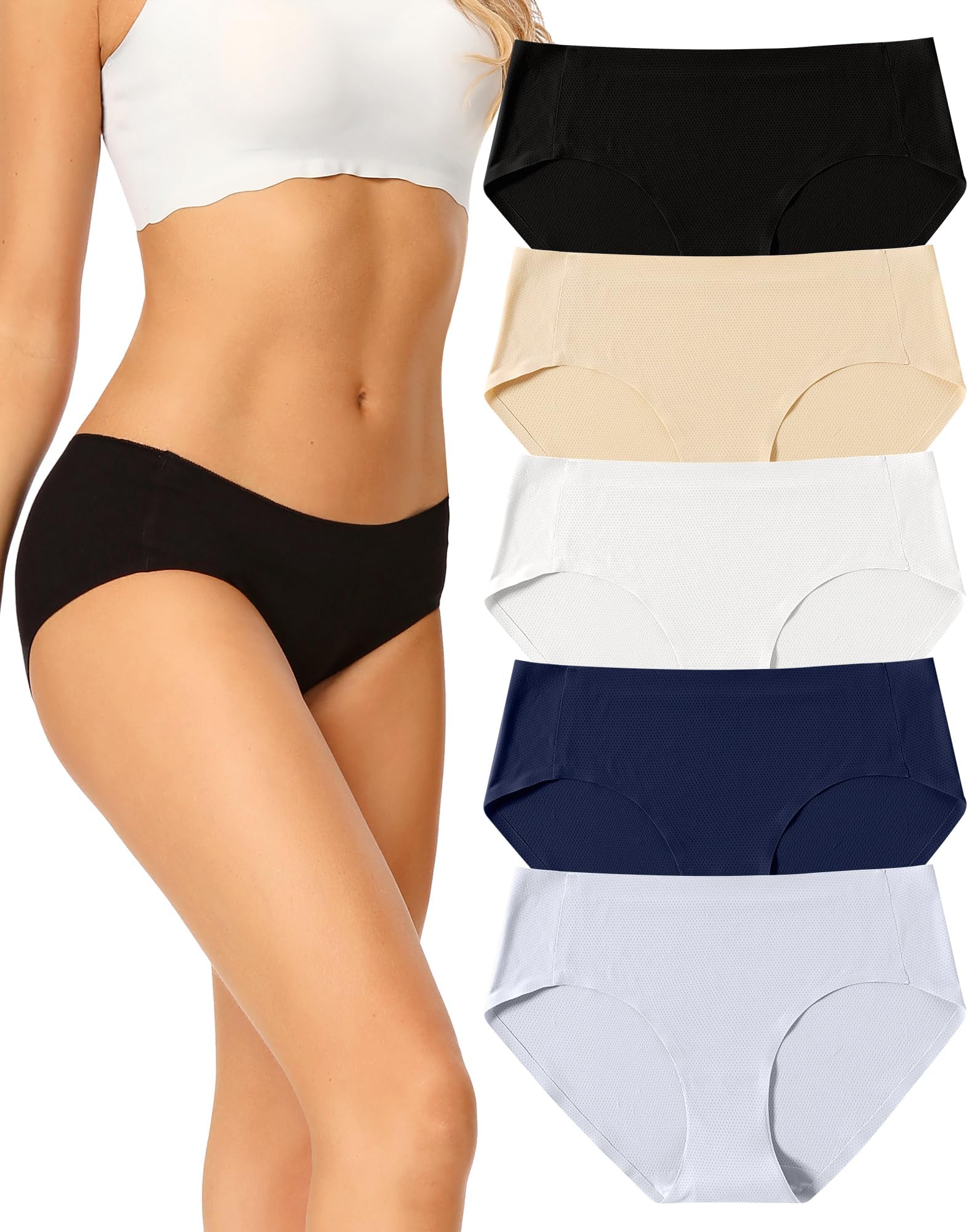 Women Seamless Hipster Underwear,No Show Ladies Panties Bikini,Full Coverage Breathable Briefs,Comfy,Invisible,5-Pack