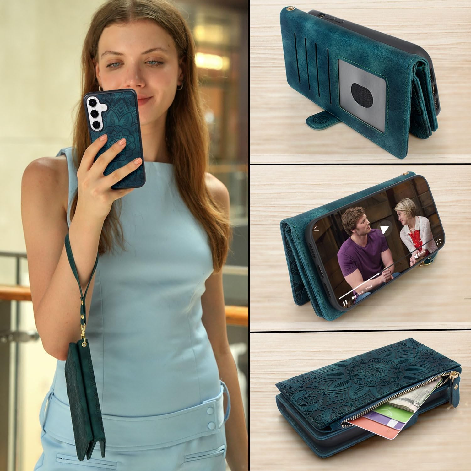 Harryshell Compatible with Samsung Galaxy S25 Wallet Case Detachable Phone Cover with Zipper Cash Coin Pocket Multi Card Slots Holder Wrist Strap Lanyard 6.2 inch (Floral Teal)