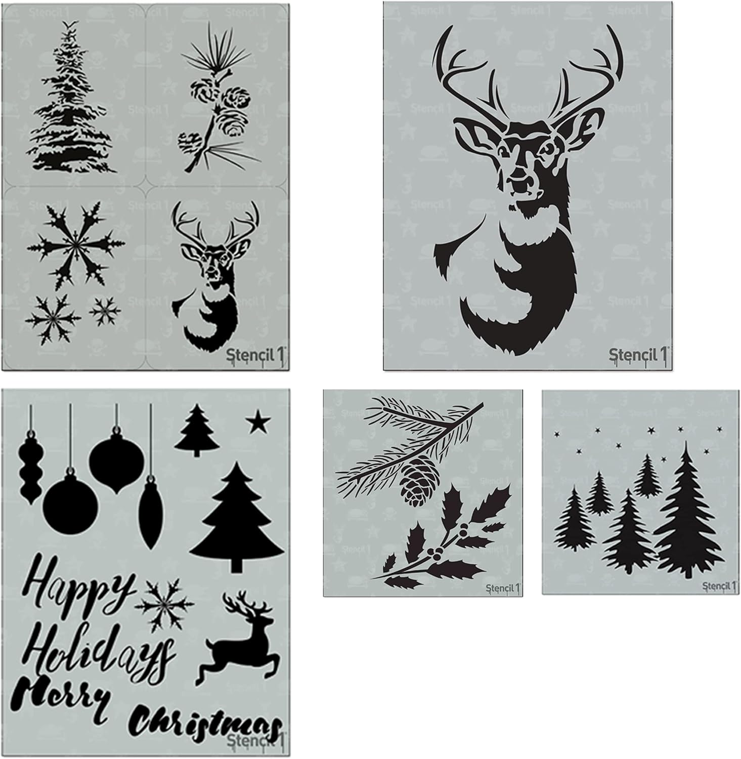 Stencil1 Winter Holiday 5 Pack Set Stencil – Reusable Winter Christmas Template for DIY Crafts, Holiday Decor, Painting on Wood, Fabric, Cards & More - 8.5" x 11"