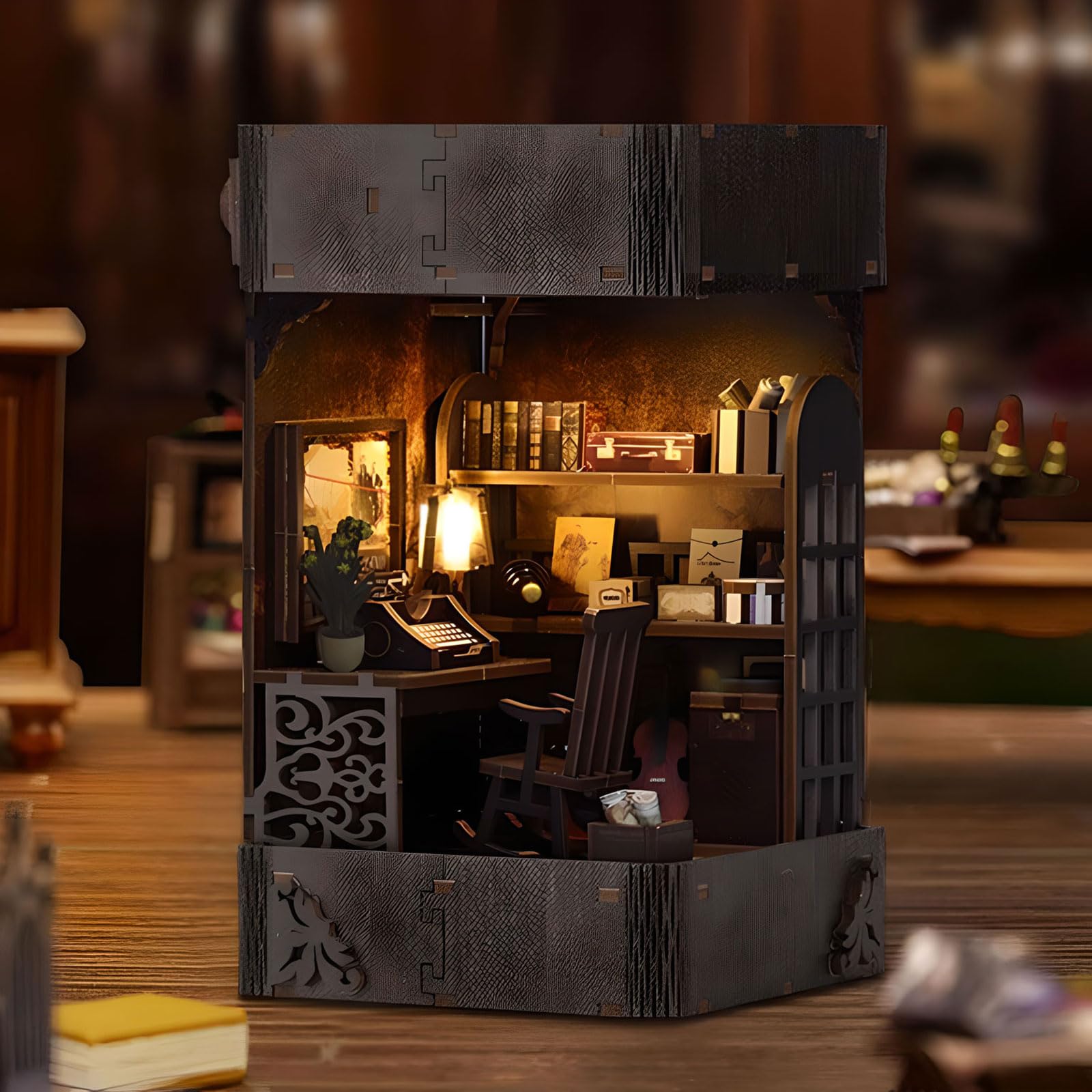 Kit fai da te per angolo libri, puzzle in legno 3D fai da te in miniatura, mini casa, kit per libri, fermalibri, inserto decorativo con luce a LED, per adulti, libro magico, libreria, decorazione,