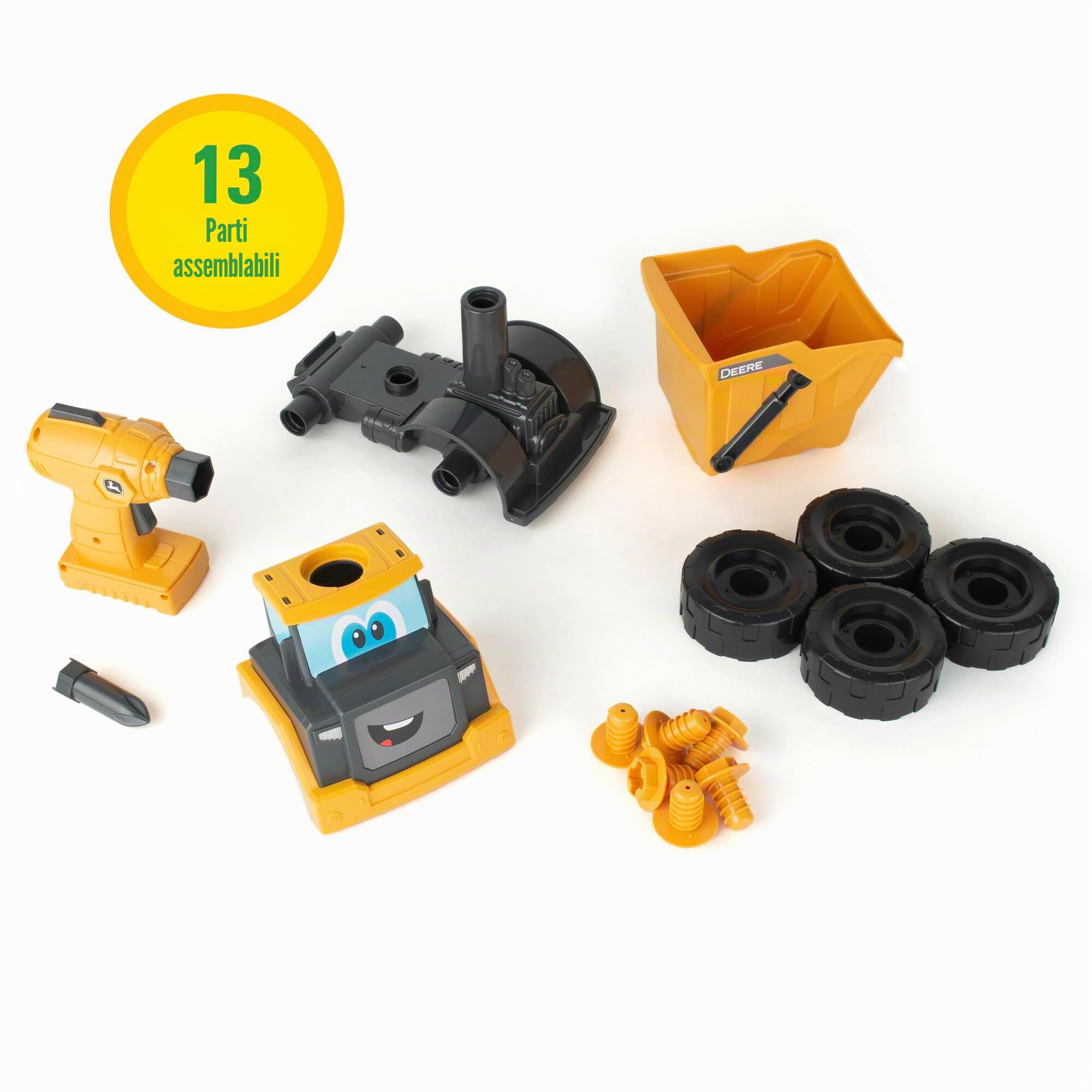 BUILD-A-BUDDY John Deere Bizak, Johnny Trattore Costruisce il Camion di Colore Giallo, icluye 18 Pezzi, un Trapano elettrico e la sua punta da trapano, con Grandi Parti preparate per i bambini +18