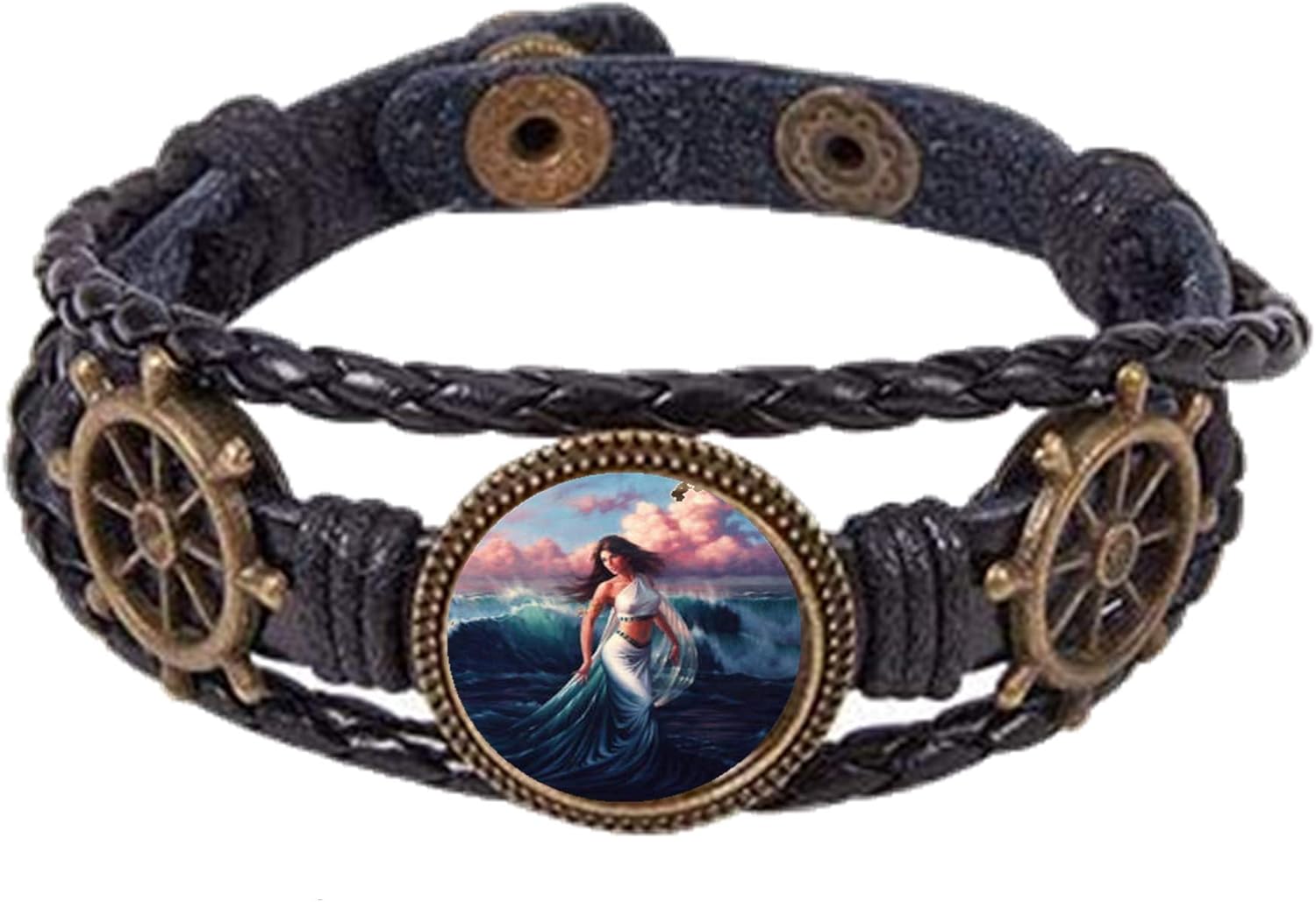 Gifts by Lulee, LLC Yemaya Jemanja Yeya Santeria Collection Ships Wheel Timon Braided Leather Bracelet 18mm Cabochon Bezel Tray Lucite Cover Button Adjust Closure Many Styles