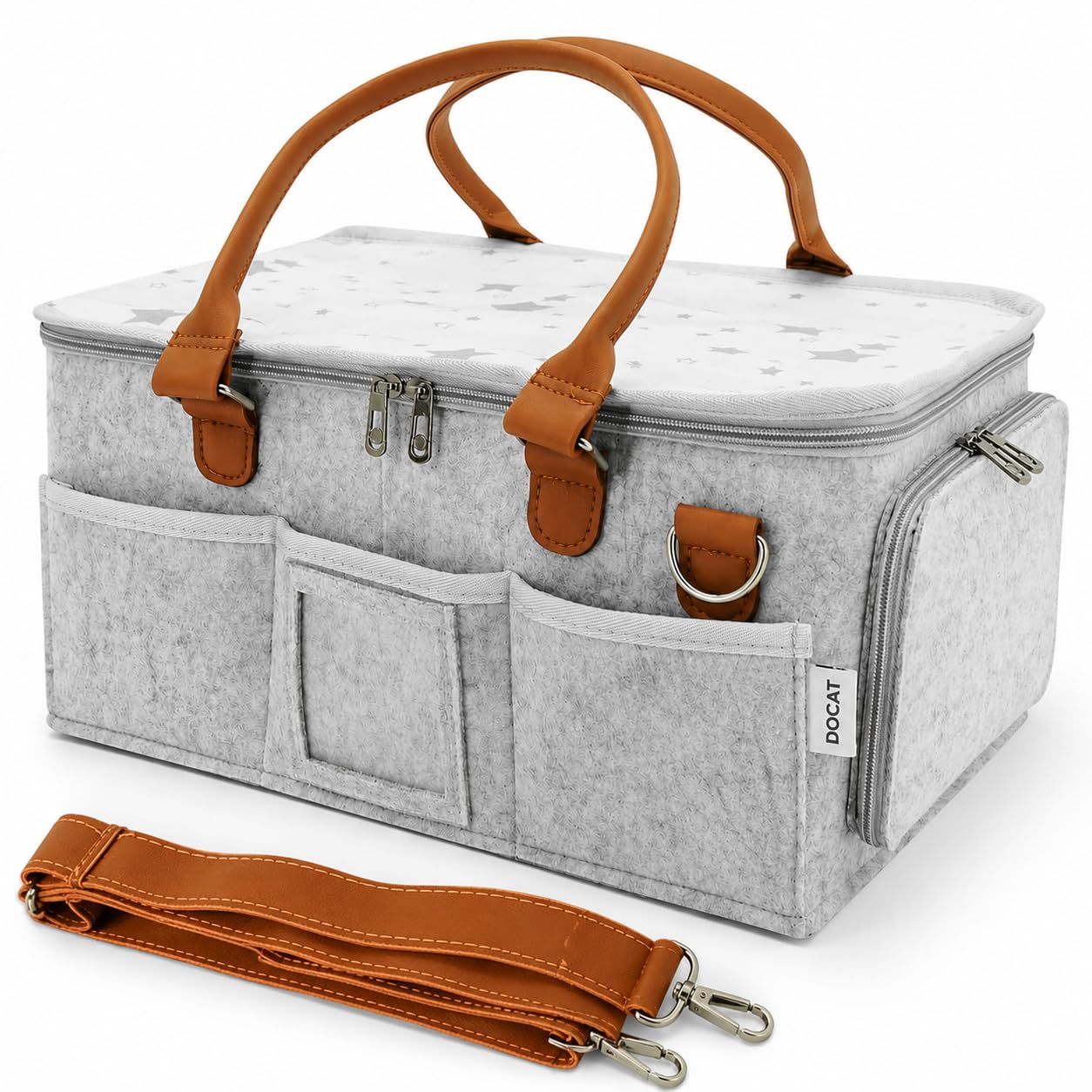 DOCAT Baby Diaper Bag, Cute Felt Diaper Caddy Organizer with Removable Shoulder Strap, Baby Basket Essentials for All Newborn Baby Products Nursery Basket (Grey)-image-4