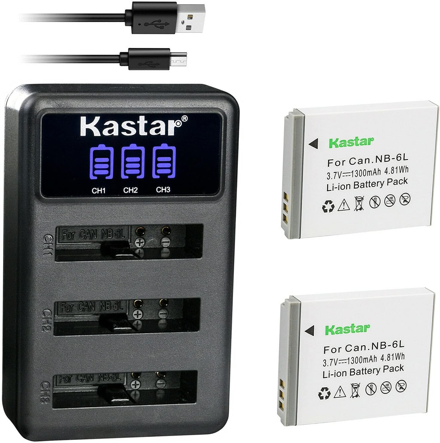 Kastar 3 Pack Battery and LCD Triple USB Charger Compatible with Canon NB-6L NB6L, NB-6LH NB6LH Battery, Canon CB-2LY Charger, Canon IXY Digital 25 is, Digital IXUS 200 is, Digital IXUS 210 Camera