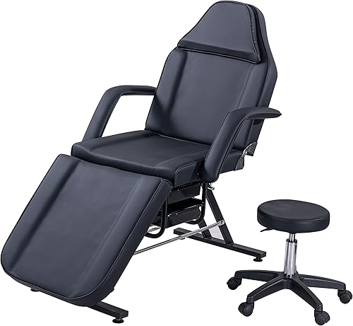 Thanaddo Silla de tatuaje de salón de masaje con dos bandejas cama de esteticista con taburete hidráulico mesa de cama facial multiusos de 3
