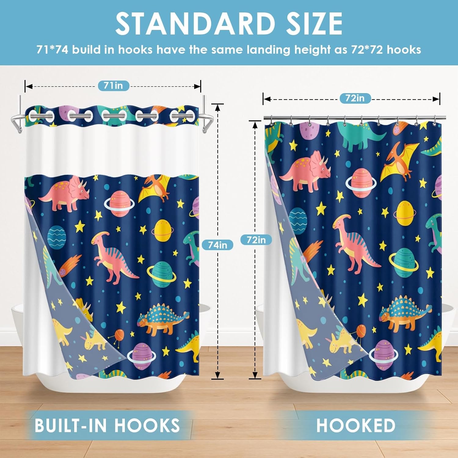 No Hook Funny Space Dinosaurs Shower Curtain with Snap in Fabric Liner Set, Waterproof with See Through Mesh Top Window, Cute Monster Kids Cartoon Bath Curtain 71x74 Inch