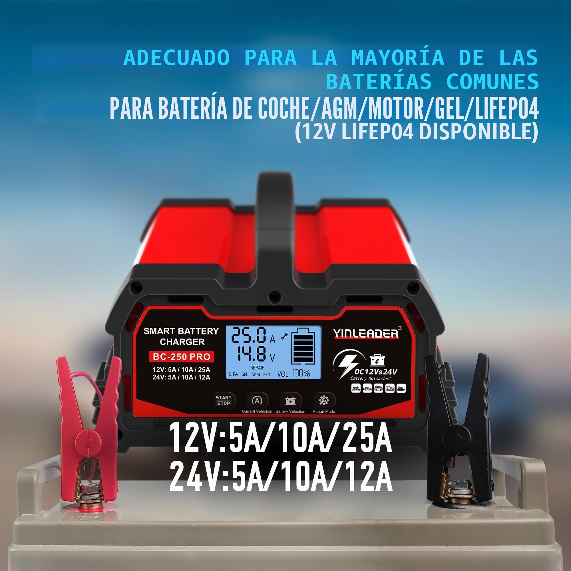 Yinleader Cargador de batería para automóvil 25A 12V/24V 12A/10A/5A Cargador de batería para automóvil Cargador Inteligente con Pantalla LCD, para batería de 12V LiFePO4