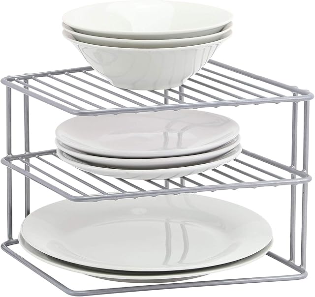 Taylor & Brown 3 Tier Corner Kitchen Plate Bowl Rack Stand Holder Tidy Cupboard Shelf Insert Storage Organiser, Space Saving, H19 x W25 x D25cm, Grey
