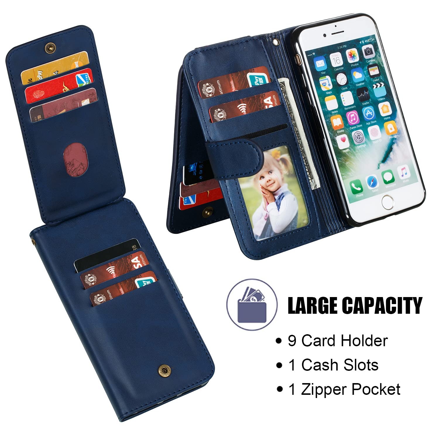 Custodia A Portafoglio In Pelle Con Cerniera Per IPhone 7 Plus/8 Plus - QLTYPRI, Nero, Con 6 Scomparti