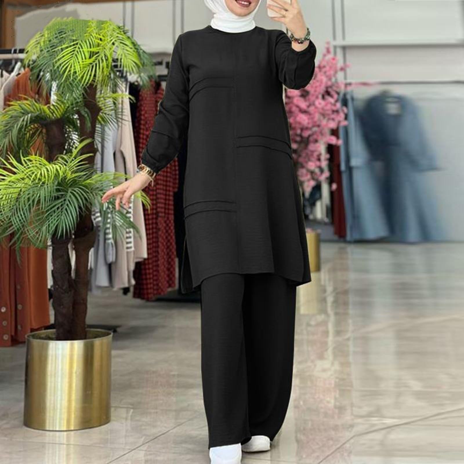 Generisch Ensemble 2 pièces musulmanes dos sur le mur pour femme, chemise à boutons à manches longues, pantalon Abaya, robe décontractée, tenue Dubaï, voile de mariée perles