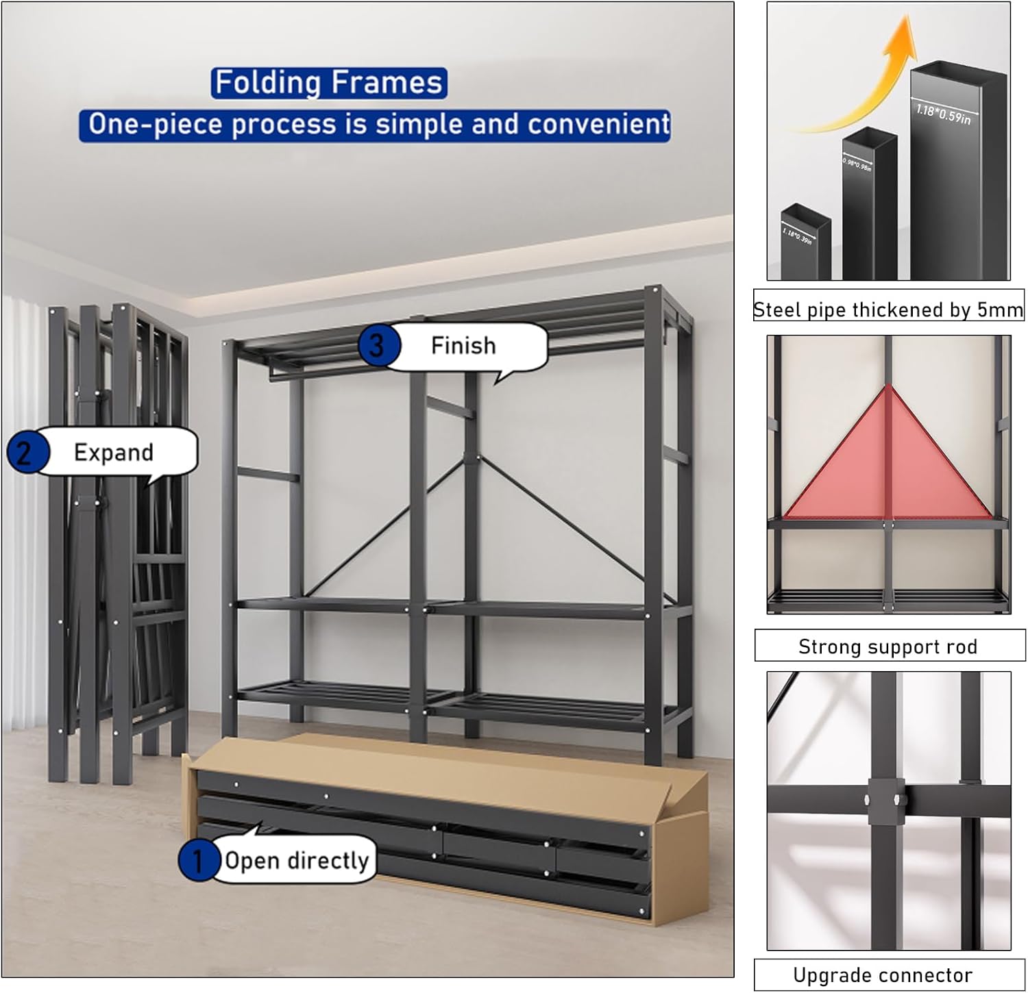 Heavy Duty Clothes Rack with Magnetic Door, Load 1500lbs, Foldable Portable Wardrobe Closet, Hanging Clothing metal Garment Rack Closet System for Bedroom,Apartments,rentals(Gray KT, 125cm/49in)