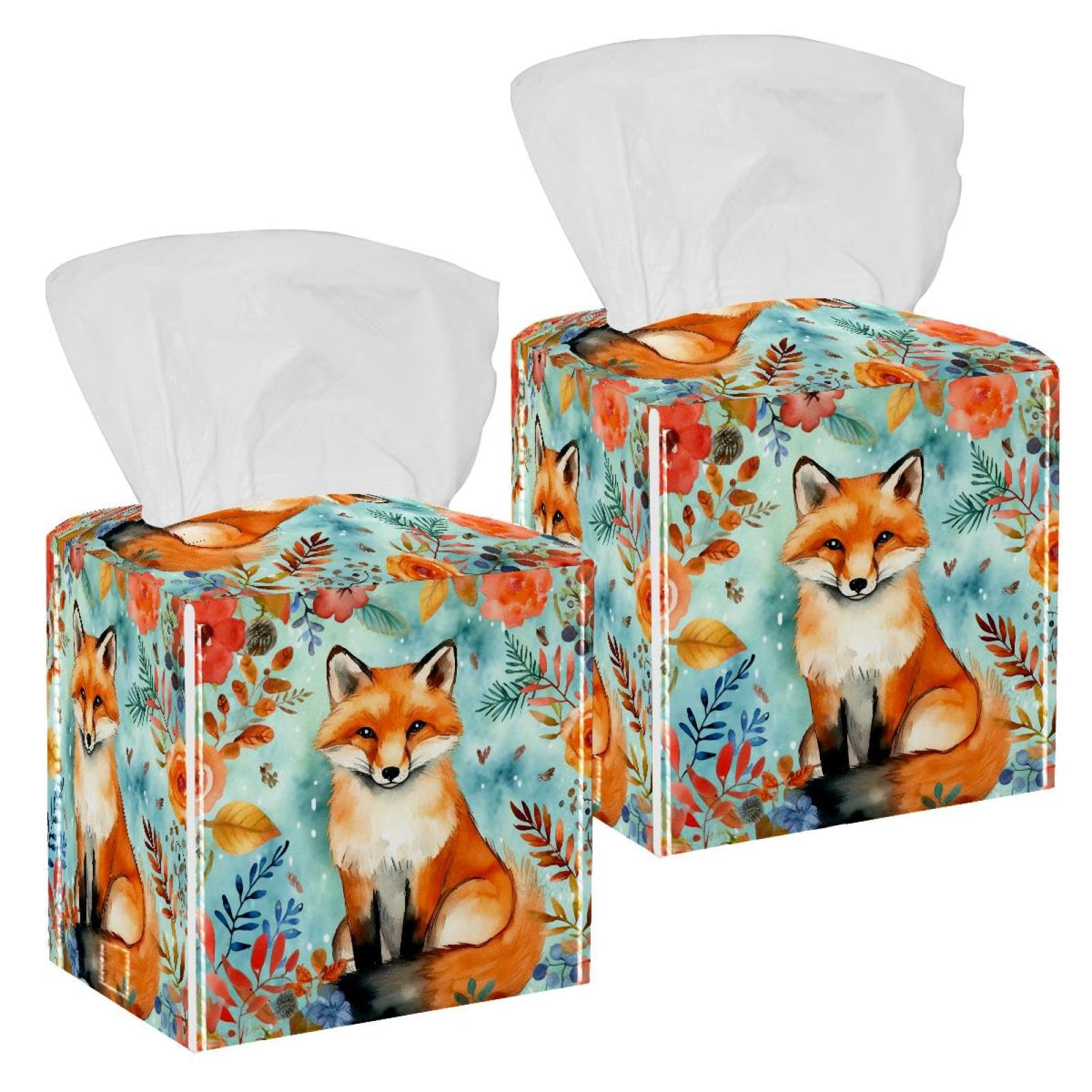 Autumn Fox Tissue Box Cover, 2 Pack PU Leather Square Facial Tissue Dispenser Box holder for Home Office Car