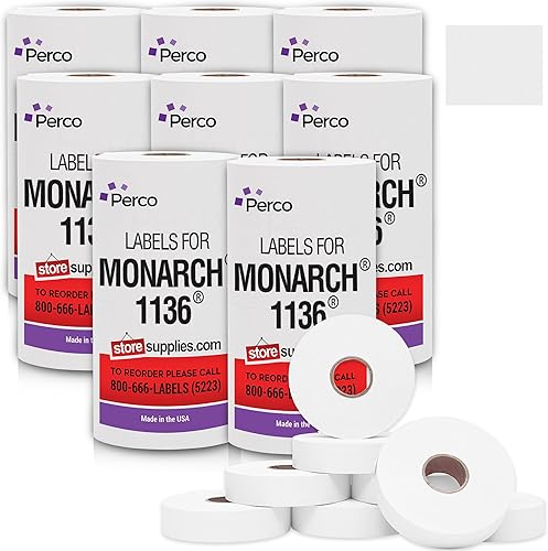 Etiquetas de precios blancas para pistola de precios Monarch 1136  Caja de 8 fundas, paquete de 64 rollos  112,000 etiquetas de marcado de precios