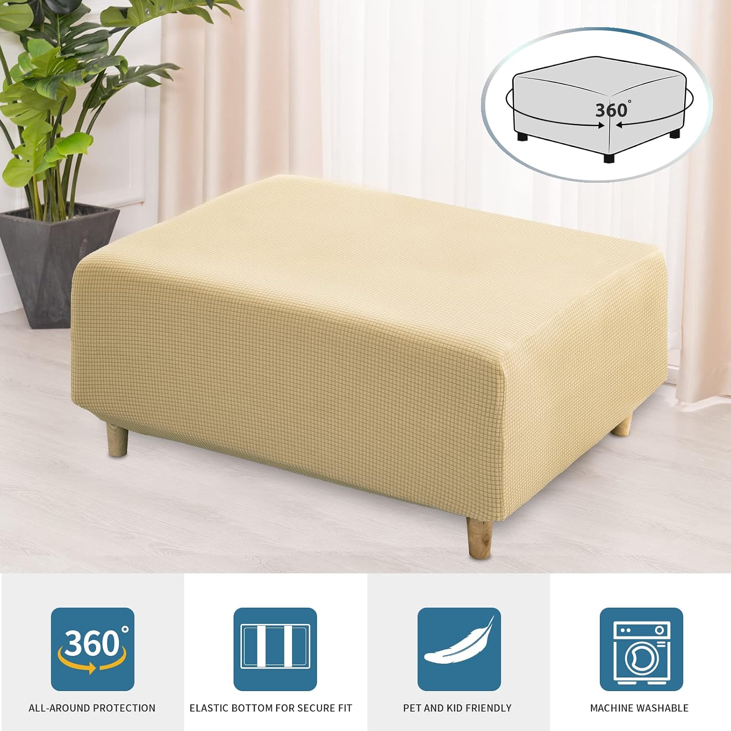RECYCO Stretch Ottoman Cover Rectangle Storage Stool Slipcovers with Elastic Band, Footrest Protector with Spandex Jacquard Fabric (Beige，X-Large)