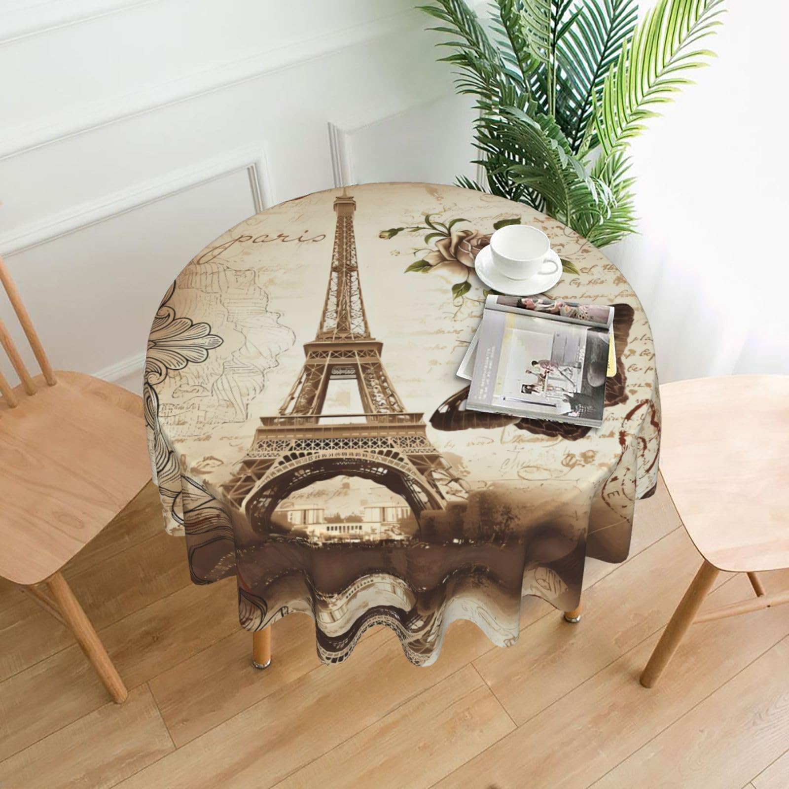 YYHHAOFA Vintage Paris Eiffel Tower Butterfly Prints 60in Round Decorative Tablecloth – High-Grade Polyester Throw Cover for Dining, Parties, and Outdoor Events