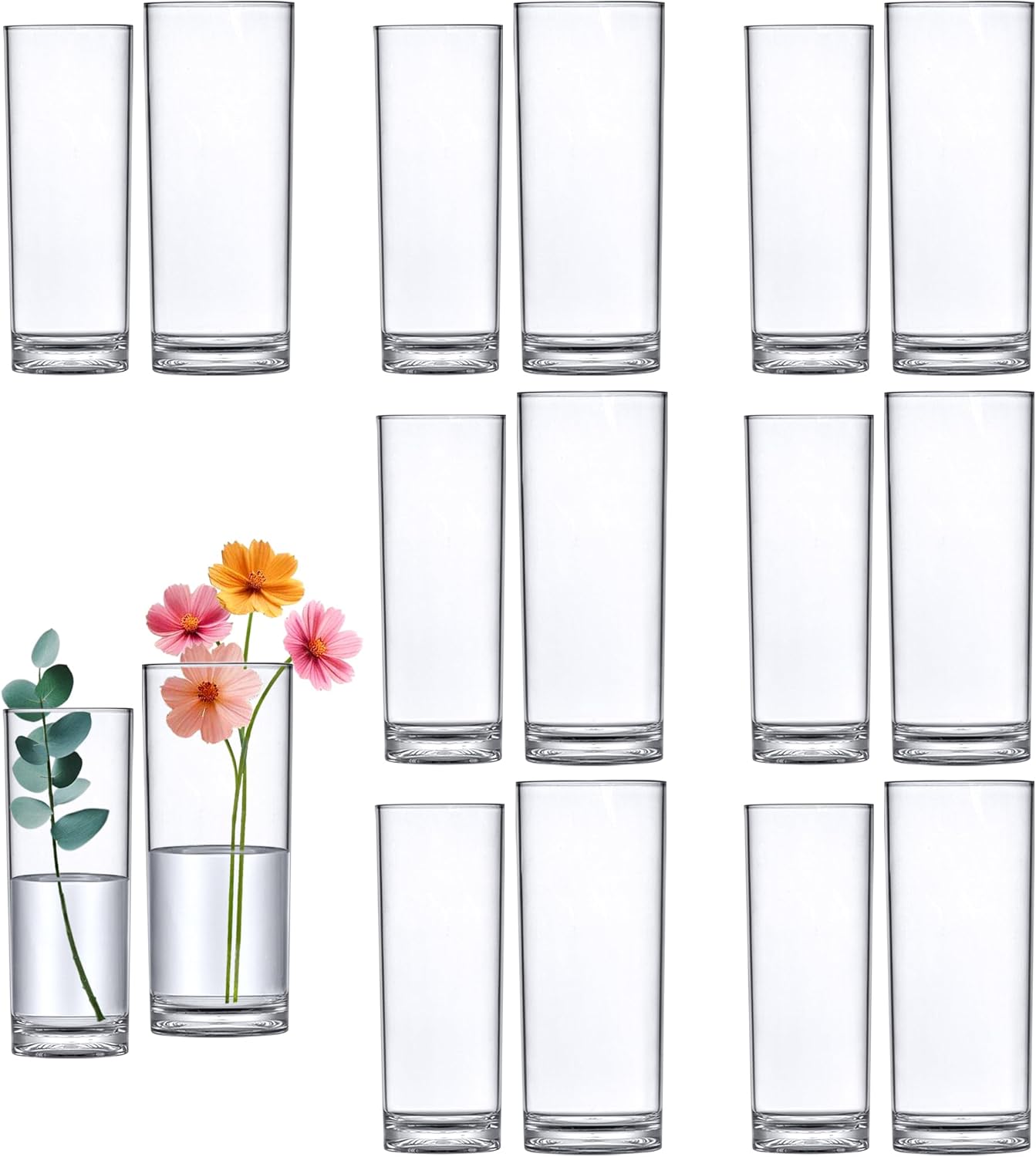 Amazing Abby - Viola Minuto - Plastic Cylinder Vases (16-Piece Set), Acrylic Flower Vases for Wedding Centerpieces, Home Decorations, Office Ornaments, Shatter-Proof, 6" + 7" (H) (Not Glass)