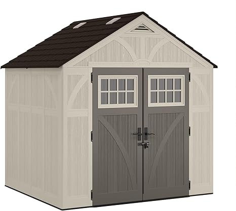 Suncast 8x7 Ft. Outdoor Storage Shed - Large Resin Shed with Floor, Lockable Double Doors, & Skylights. 378 Cu Ft Tremont Garden Sheds & Outdoor Storage for Lawn Tools, Riding Mowers, Bikes, & More