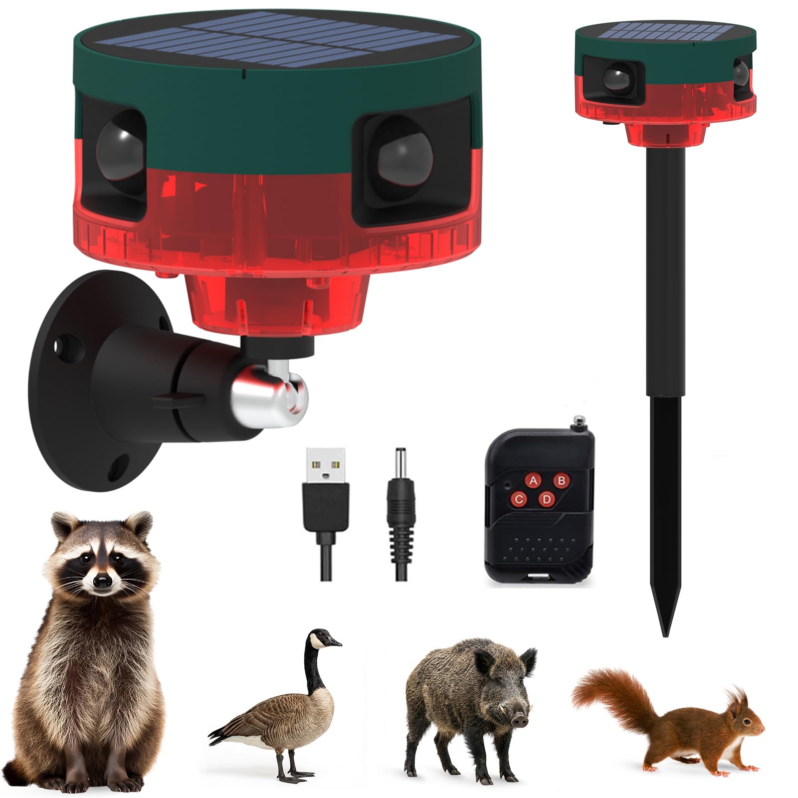 Solar Animal Deterrent Alarm, 360° Motion Sensor Alarm with 130dB Siren, 13 Sounds & Custom Recording, Remote Control, Solar Powered Wildlife Repeller for Garden Farm Yard Orchard Security