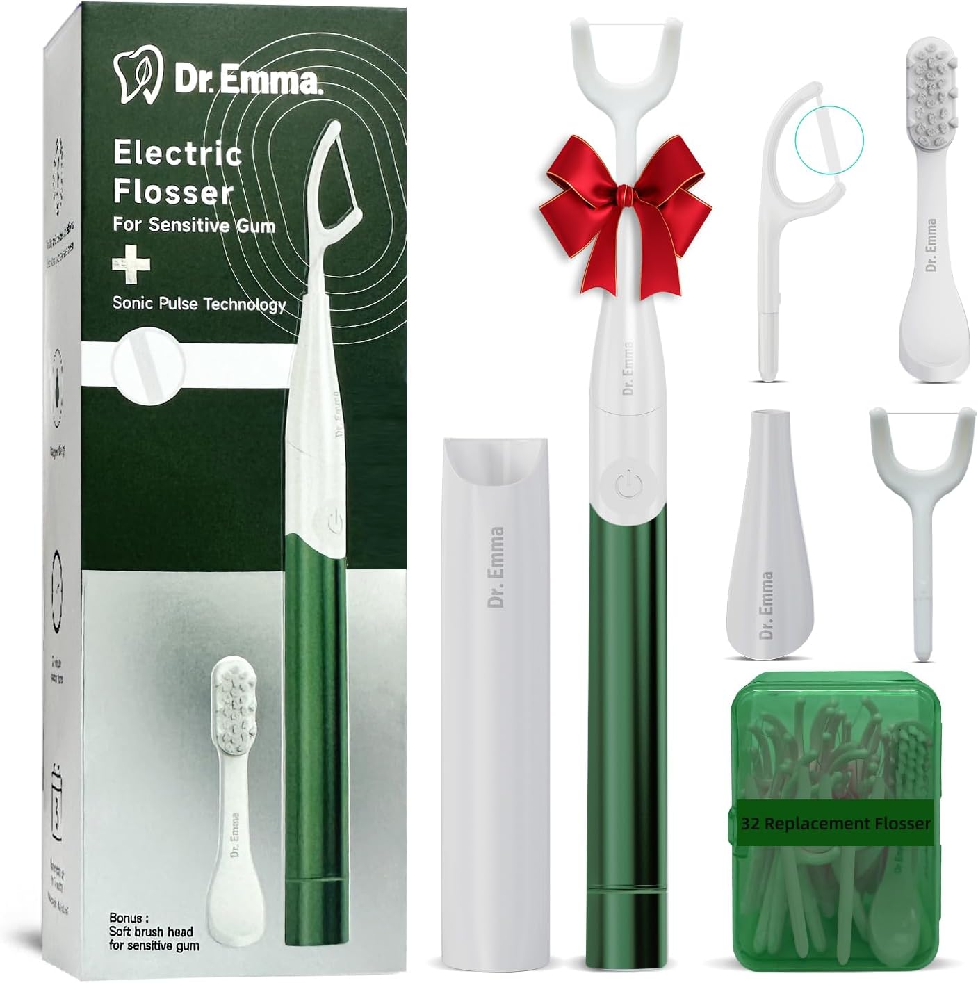 Dr. Emma Electric Vibration Flosser for Sensitive Gum, Power Flosser for Adults, Gentle Gum Stimulator & Teeth Cleaner, Reusable Tape Dental Floss with Toothbrush, Water Flosser Alternative, Green
