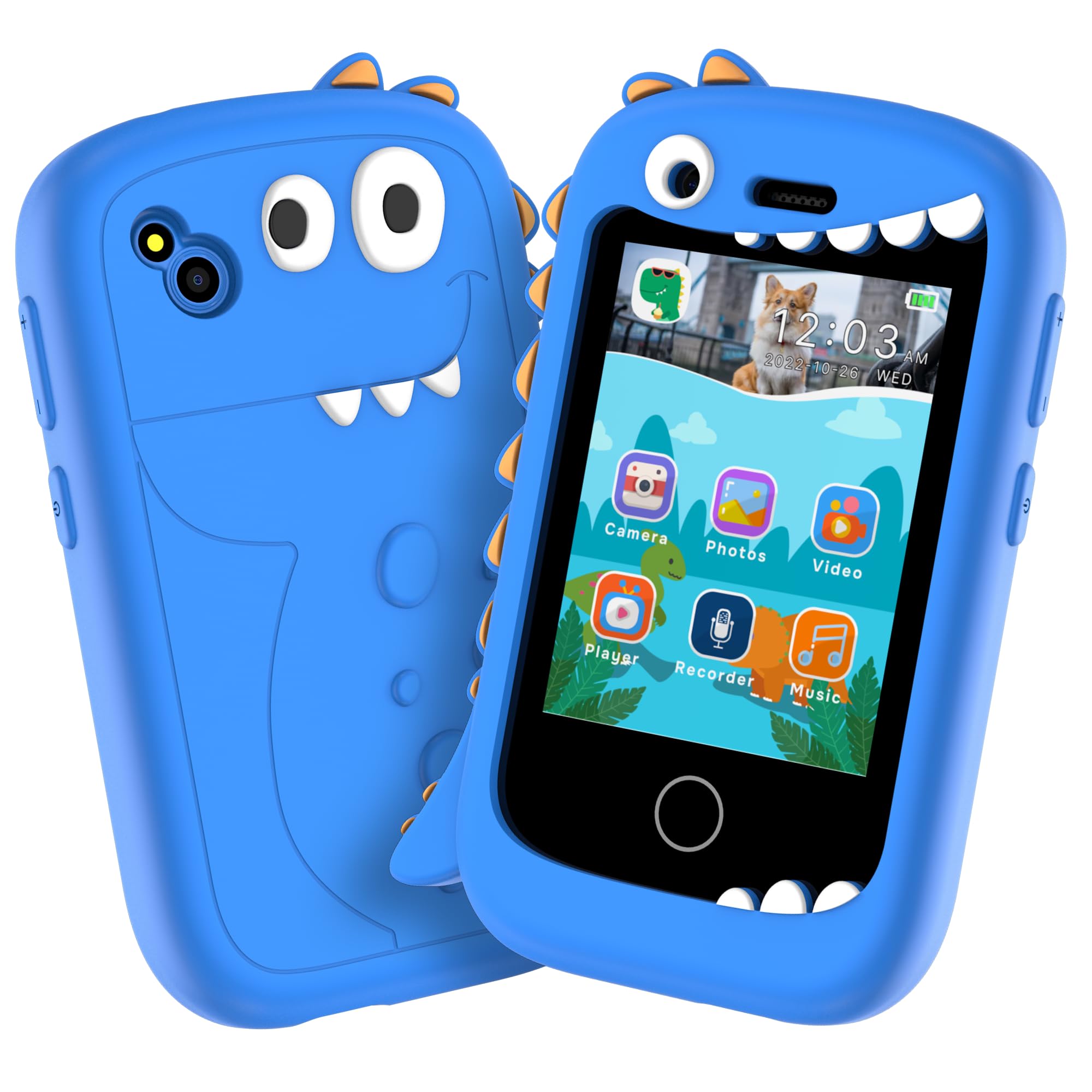 Kids Phone, 2.8" HD Display, 5 Languages Story Books, Educational Games, Drawing, Pet Care, Recording, Camera, Music, Flashlight, Alarm - Gift for Ages 3-12 (Blue)