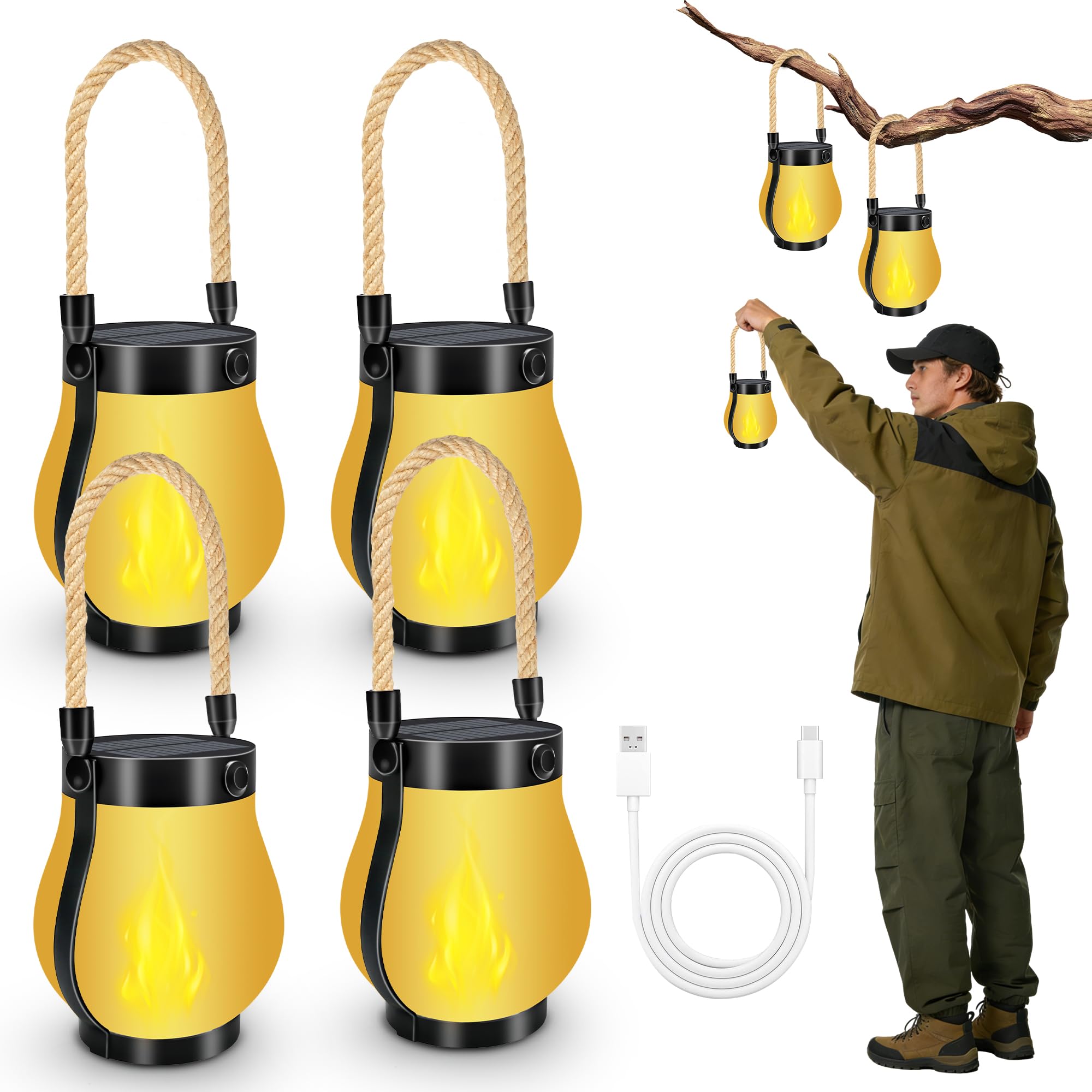 Solar Lantern Outdoor Lights, Dual Charging (USB/Solar) & 2 Lights Modes - Waterproof Hanging/Table Lantern for Camping, Yard, Garden, Patio & Porch Decor, Birthday and Valentine's Day Gifts (4Pcs)