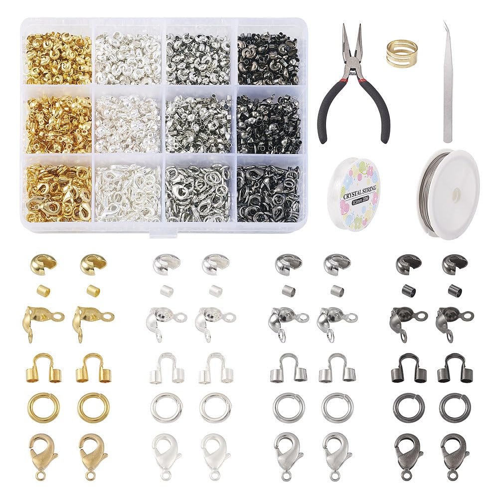 Pandahall 2045Pcs Jewelry Findings Kit 4 Colors Crimp Beads Covers Wire Guardians Jump Rings Lobster Claw Clasp Bead Tips with Pliers Beading Wire Jewelry Making Supplies