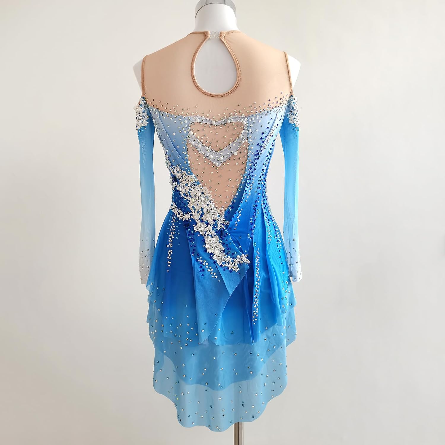 Girls' Blue Off Shoulder Long Sleeve Figure Skating Skirt Professional Customized Competition Costume