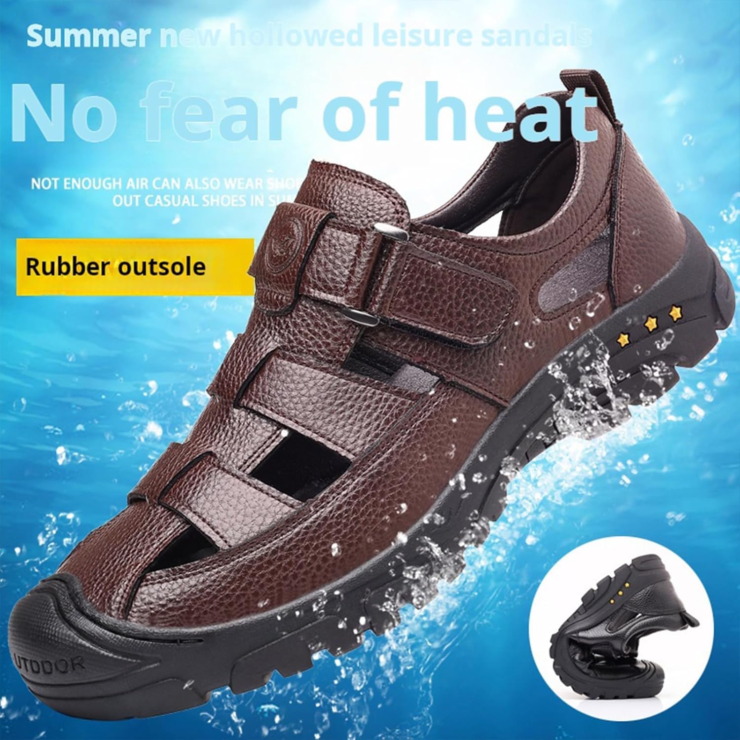 Men's Genuine Leather Fisherman Sandals Closed Toe Anti-Slip Platform Adjustable Hook & Loop Strap Summer Hollow Sandals for Casual Outdoor Travel