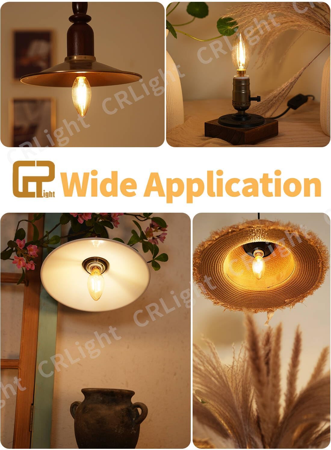 CRLight E12 2W Amber Glass LED Candelabra Bulbs, 25W Equivalent 250LM, 2700K Warm White, B11 Vintage Edison Candle Chandelier Light Bulbs for Ceiling Fan & Wall Sconce, Non-Dimmable, 12 Pack